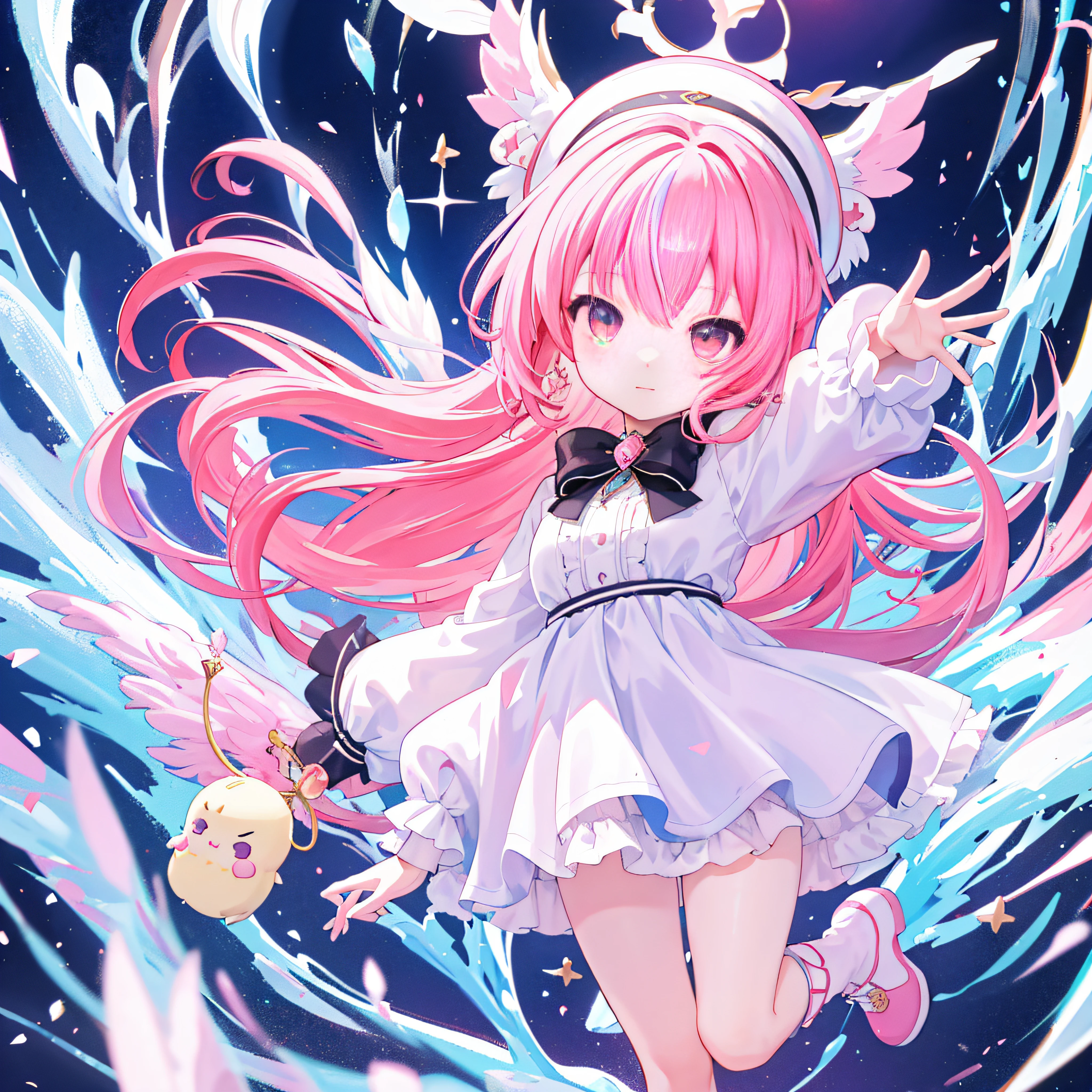 （（a sticker：1.5）））， （（Chibi Character））， （white backgrounid）， fluffly， girl with， Sorcerer's costume，  full body Esbian， Pink hair， Pastel colors hair， fairytale，  T-shirt design， tmasterpiece， best qualtiy，