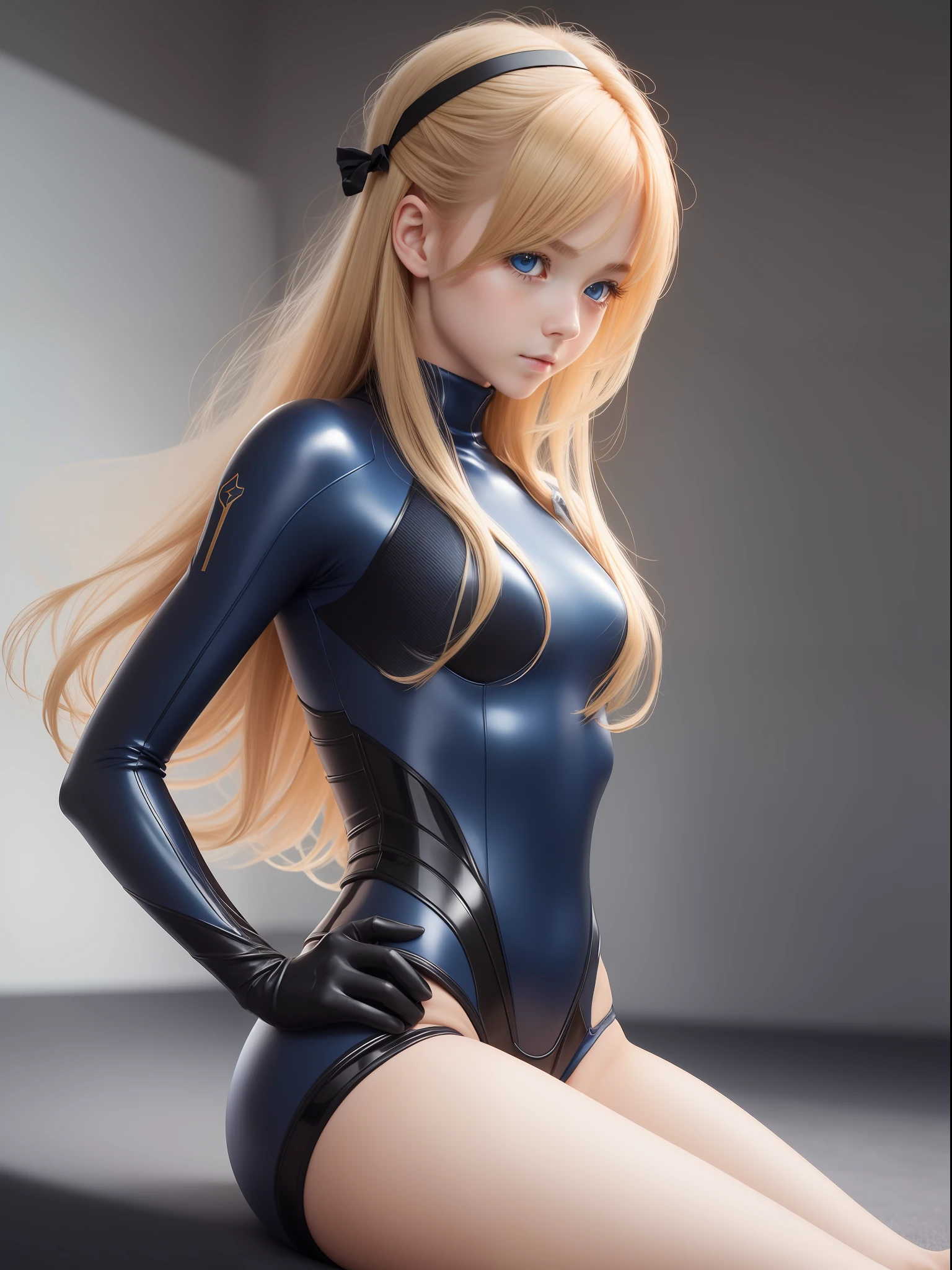 Realistic, Solo, 1girl, Perfect Detail Face, Detailed Blue Eyes, Very Detailed, Blushing, Hair Ornament, Chignon Mahogany Hair, (Blonde Hair), Plug Suit 02,Shikinami Asuka Langley, thin beautiful legs, young face, pretty eyes, black background