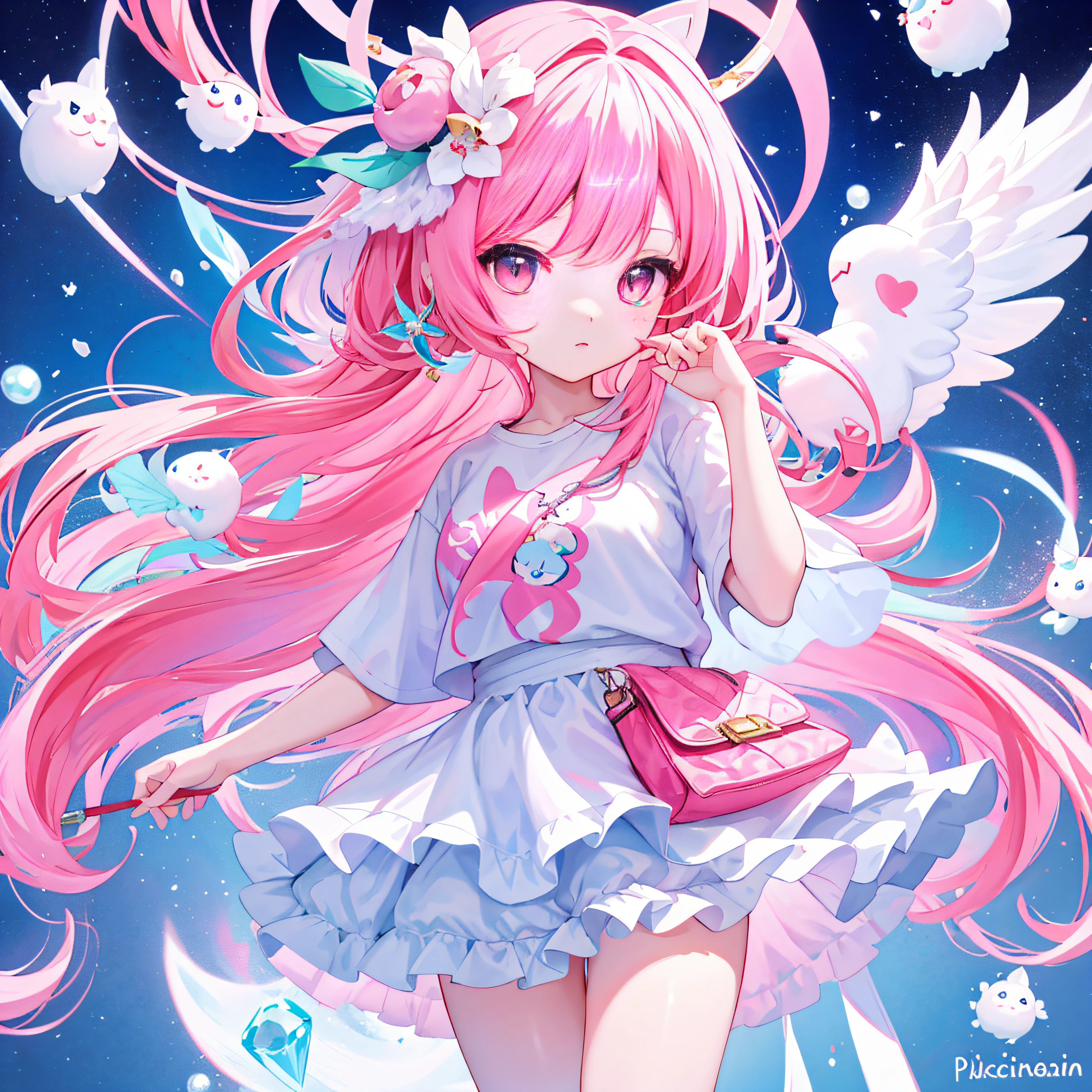 （（a sticker：1.5）））， （（Chibi Character））， （white backgrounid）， fluffly， girl with， Sorcerer's costume，  full body Esbian， Pink hair， Pastel colors hair， fairytale，  T-shirt design， tmasterpiece， best qualtiy，