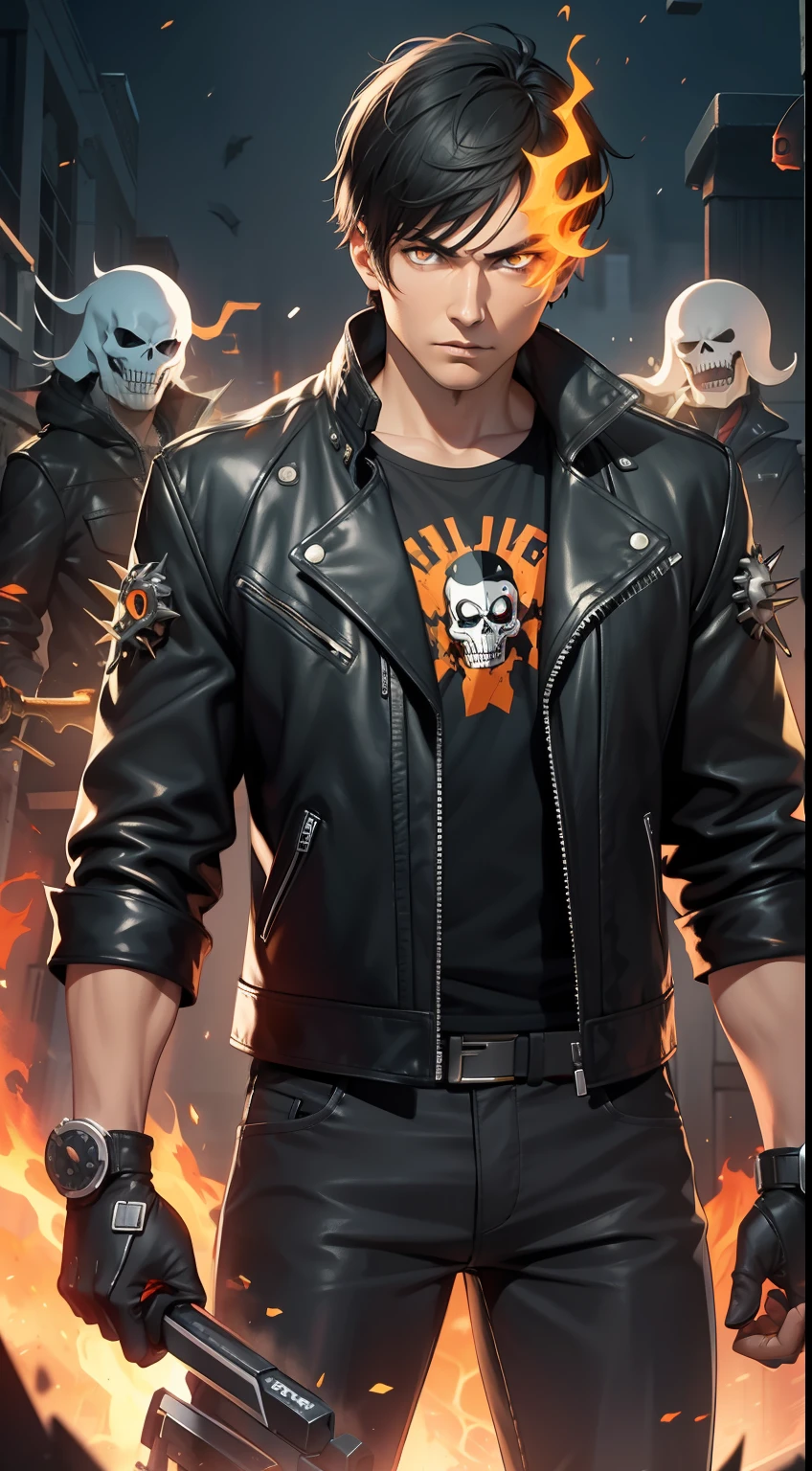 Grown-up guy, short black hair, Orange Eyes, leather jacket with spikes, circuits, Ghost Rider, Masterpiece, hiquality