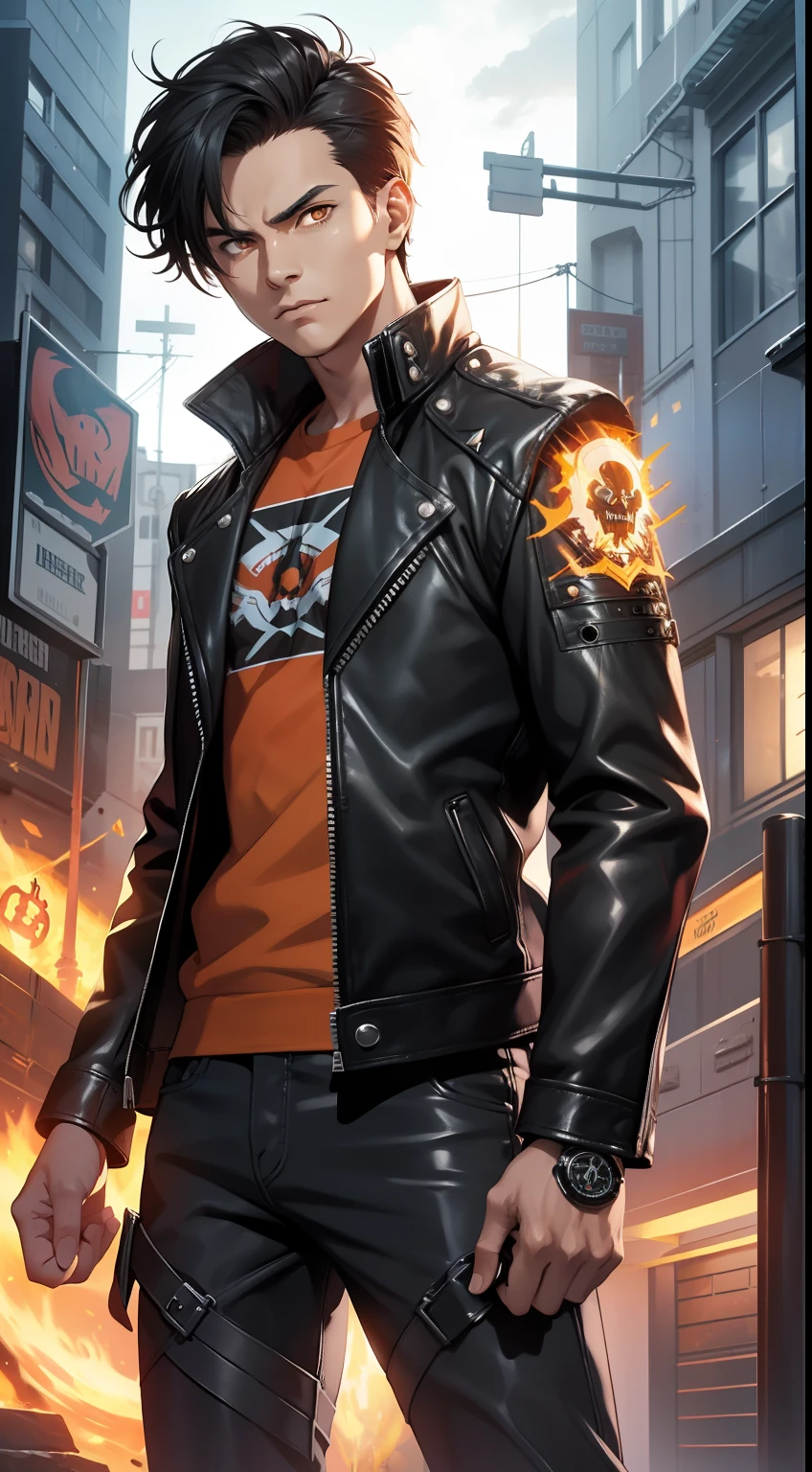Grown-up guy, short black hair, Orange Eyes, leather jacket with spikes, circuits, Ghost Rider, Masterpiece, hiquality