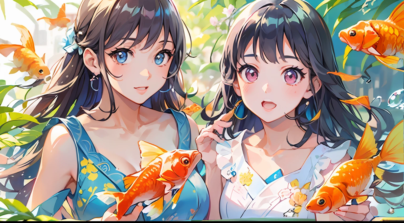 (masutepiece:1.2),(Best Quality:1.1),(Ultra-detailed:1.1),(Realistic:1.2),(Colorful:1.2),(Young girls:1.3),(Japanese:1.1),(Clothing samples:1.1),(Girls playing with goldfish scoop:1.3),(Colorful contact lenses:1.2),(FULL BODYSHOT:1.2),(Summer:1.1)