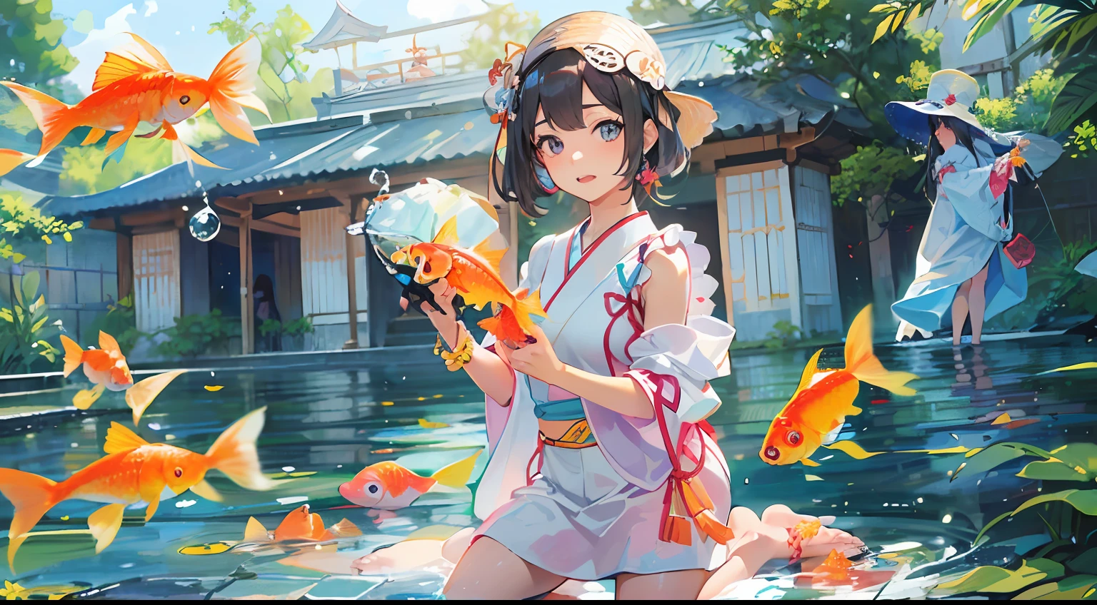 (masutepiece:1.2),(Best Quality:1.1),(Ultra-detailed:1.1),(Realistic:1.2),(Colorful:1.2),(Young girls:1.3),(Japanese:1.1),(Clothing samples:1.1),(Girls playing with goldfish scoop:1.3),(Colorful contact lenses:1.2),(FULL BODYSHOT:1.2),(Summer:1.1)