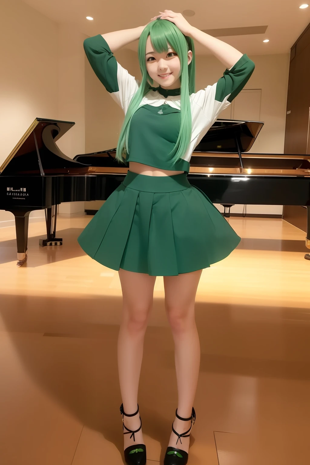 Anime girl with green hair and green skirt plays the piano, tatsumaki, Fubuki, anime moe art style, chihiro! fujisaki, Mikudayo, Pose(Arms up + Happy), In anime style, wataru kajika, Rei Hiroe, iwakura lain, in ryuuou no oshigoto art style