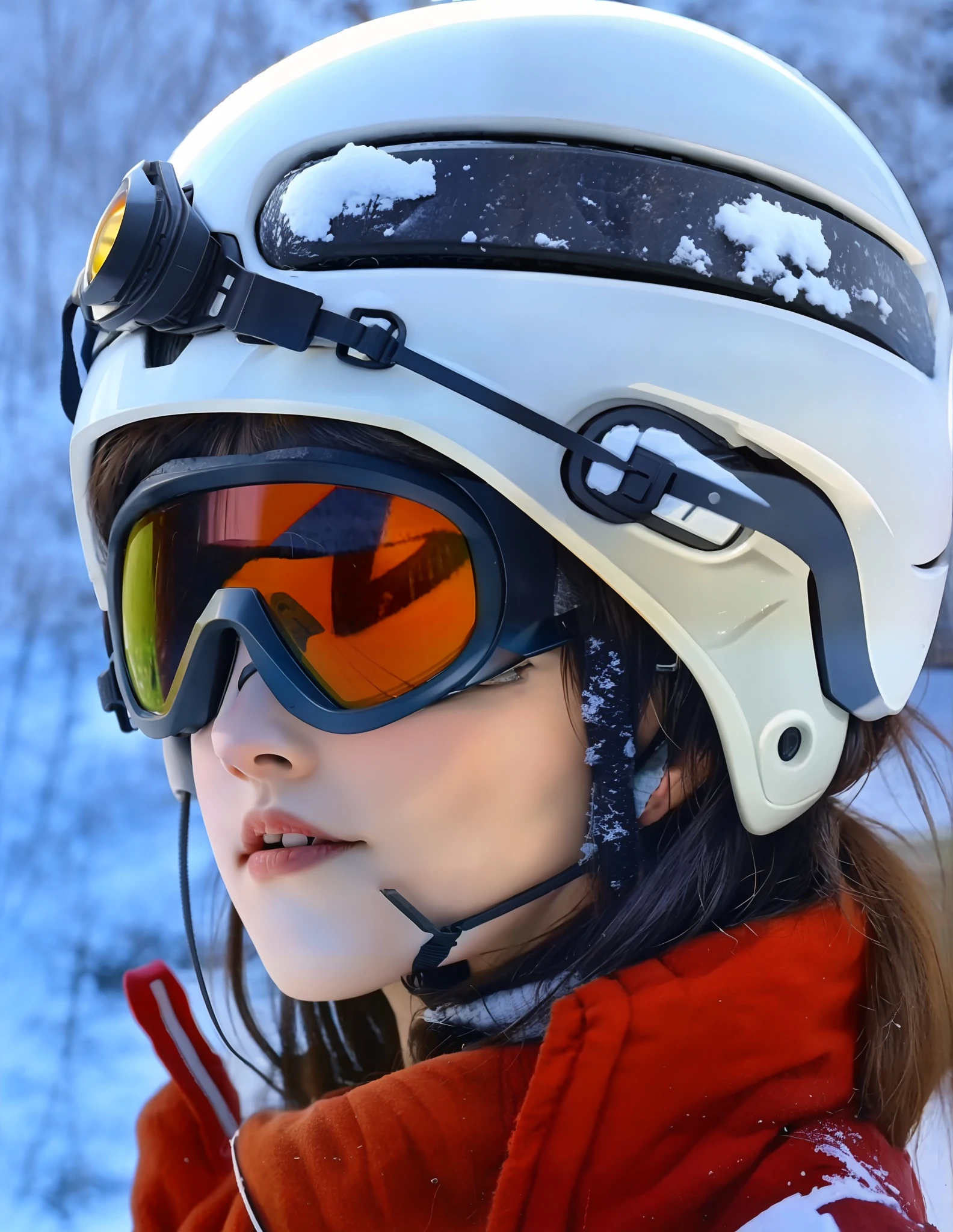 Arad man wearing helmet and goggles in the snow, skimask, wearing skating helmet, close up portrait shot, wearing her helmet, goggles on forehead, close up portrait shot, close - up portrait shot, Glowing Eyes in Helmet, goggles, Close-up Shot Shot, helmet on face, wearing goggles, helmet view, Close-up Shot Shot, helmet on, wearing skate helmet