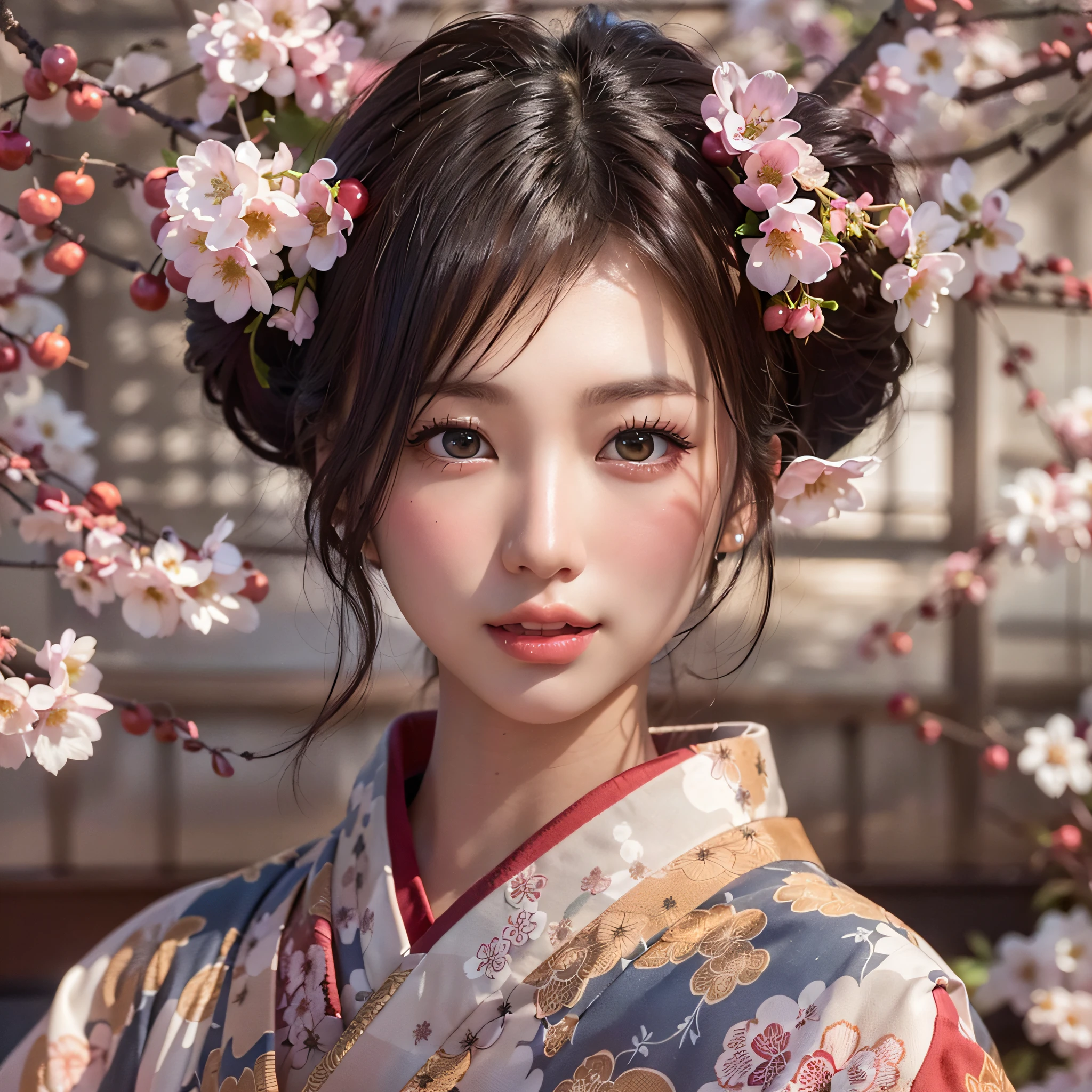 (Japan kimono with cherry blossom pattern:1.3), symmetrical, Compositions with coloful geometric arabesque patterns, (Bun hair, dark brown hari), (top-quality, Photorealsitic:1.4, masterpiece:1.3, RAW Photography:1.2, cinematric light, very detailed illustration), (1woman:1.3, solo), (asian girl, ultra delicate face, ultra Beautiful fece, ultra delicate eyes, ultra detailed nouse, ultra detailed mouth, ultra detailed facial features), petite woman, (midium breast:1.3), from the front side, skiny, lipgloss, a smile