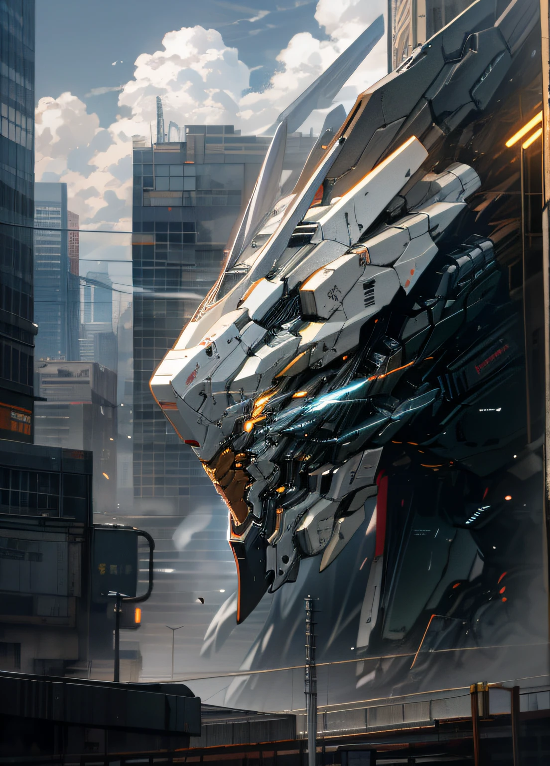 sky, cloud, holding_weapon, no_humans, glowing, , robot, building, glowing_eyes, mecha, science_fiction, city, realistic,mecha