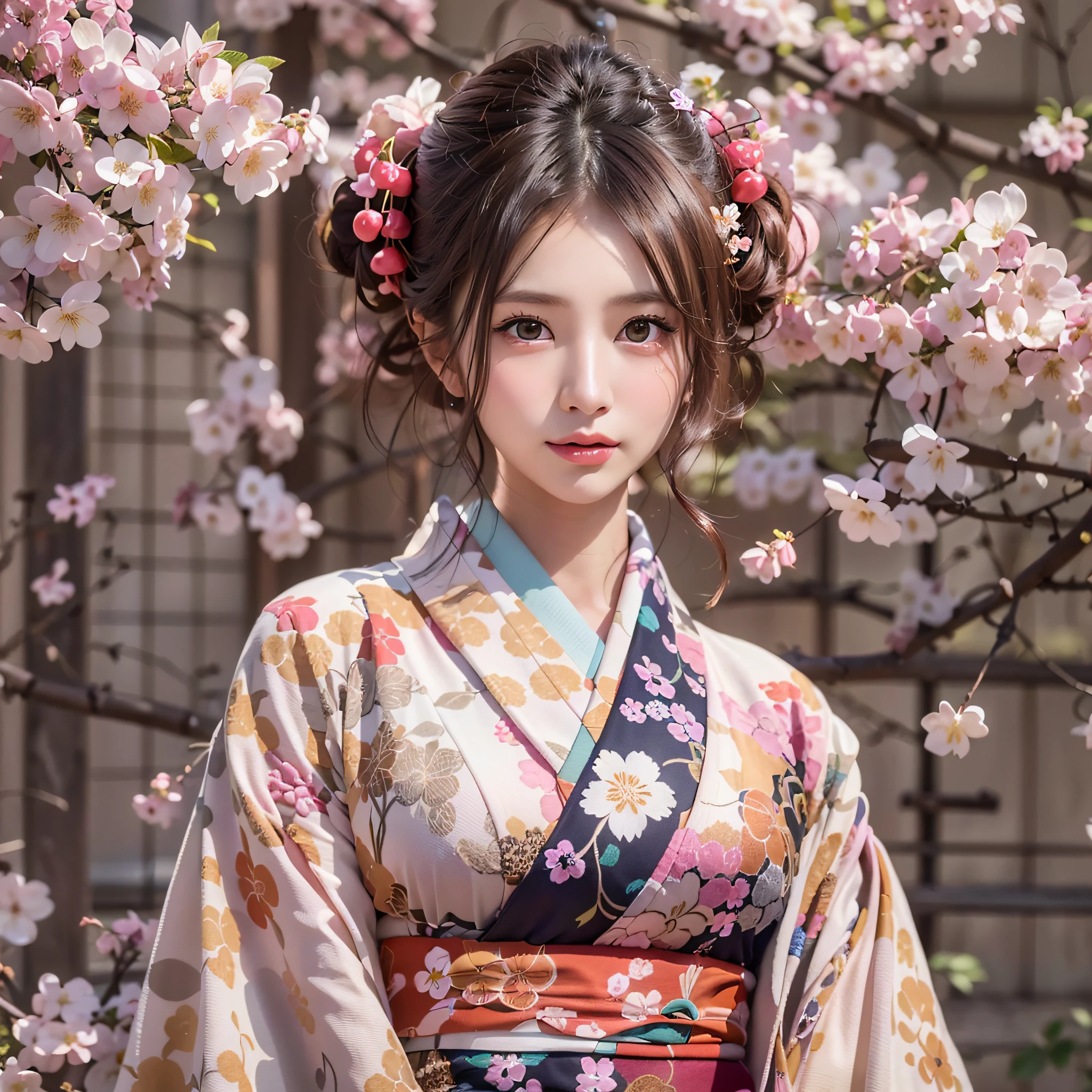 (Japan kimono with cherry blossom pattern:1.3), symmetrical, Compositions with coloful geometric arabesque patterns, (Bun hair, dark brown hari), (top-quality, Photorealsitic:1.4, masterpiece:1.3, RAW Photography:1.2, cinematric light, very detailed illustration), (1woman:1.3, solo), (asian girl, ultra delicate face, ultra Beautiful fece, ultra delicate eyes, ultra detailed nouse, ultra detailed mouth, ultra detailed facial features), ite woman, (midium breast:1.3), from the front side, skiny, lipgloss, a smile