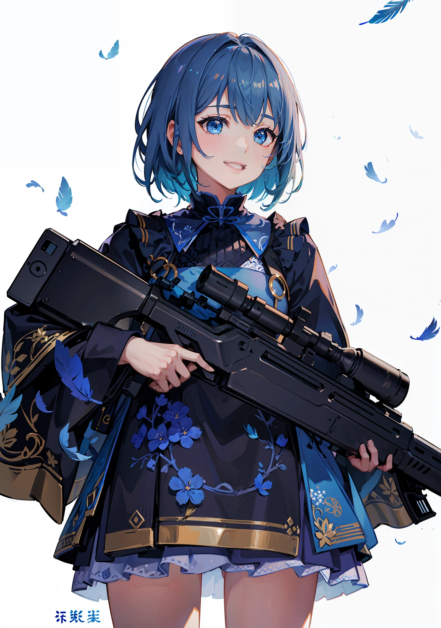 (So many blue feathers fluttering in the background)、(Delicate details)、A big smile