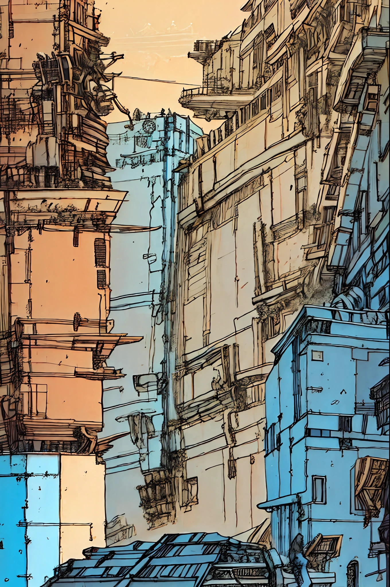 There is a photo of the city with a lot of skyscrapers, Chris Bachalo Comic Art, Victoshai. Unreal Engine, Chris Baccaro, aerial viewyoji shinkawa, Very coherent stylized artwork, lan mcque, or Shinkawa, Victoshai! calm sepia color, expansive detailed layered city