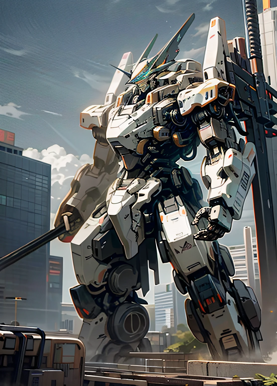 sky, cloud, holding_weapon, no_humans, glowing, , robot, building, glowing_eyes, mecha, science_fiction, city, realistic,mecha