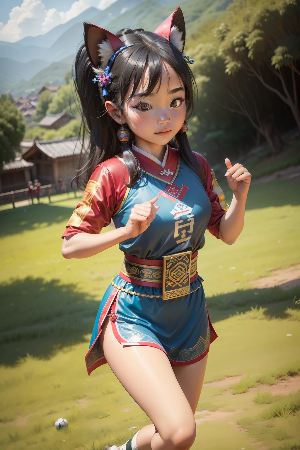 Creative description 7--Super Miao girl in Guizhou village
One was dressed in a Hmong costume，Beautiful woman wearing Hmong silver jewelry in football，Blockbuster light and shadow，The girl is painted wearing a Miao silver ornament，Wearing Miao characteristic clothing，Dash happily on the football field，4k高清