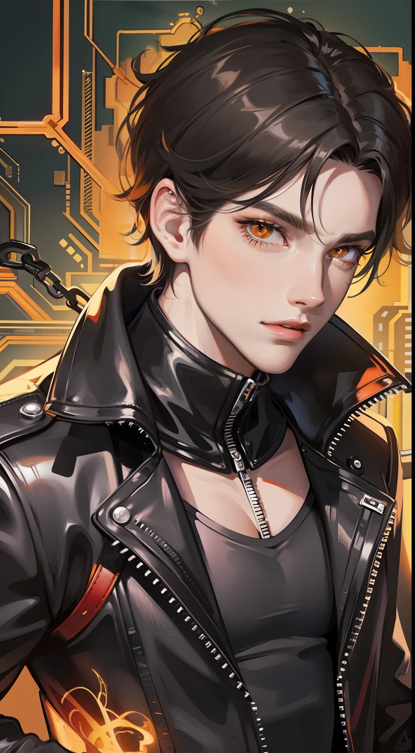 Grown-up guy, short black hair, Orange Eyes, leather jacket with spikes, circuits, Ghost Rider, Masterpiece, hiquality