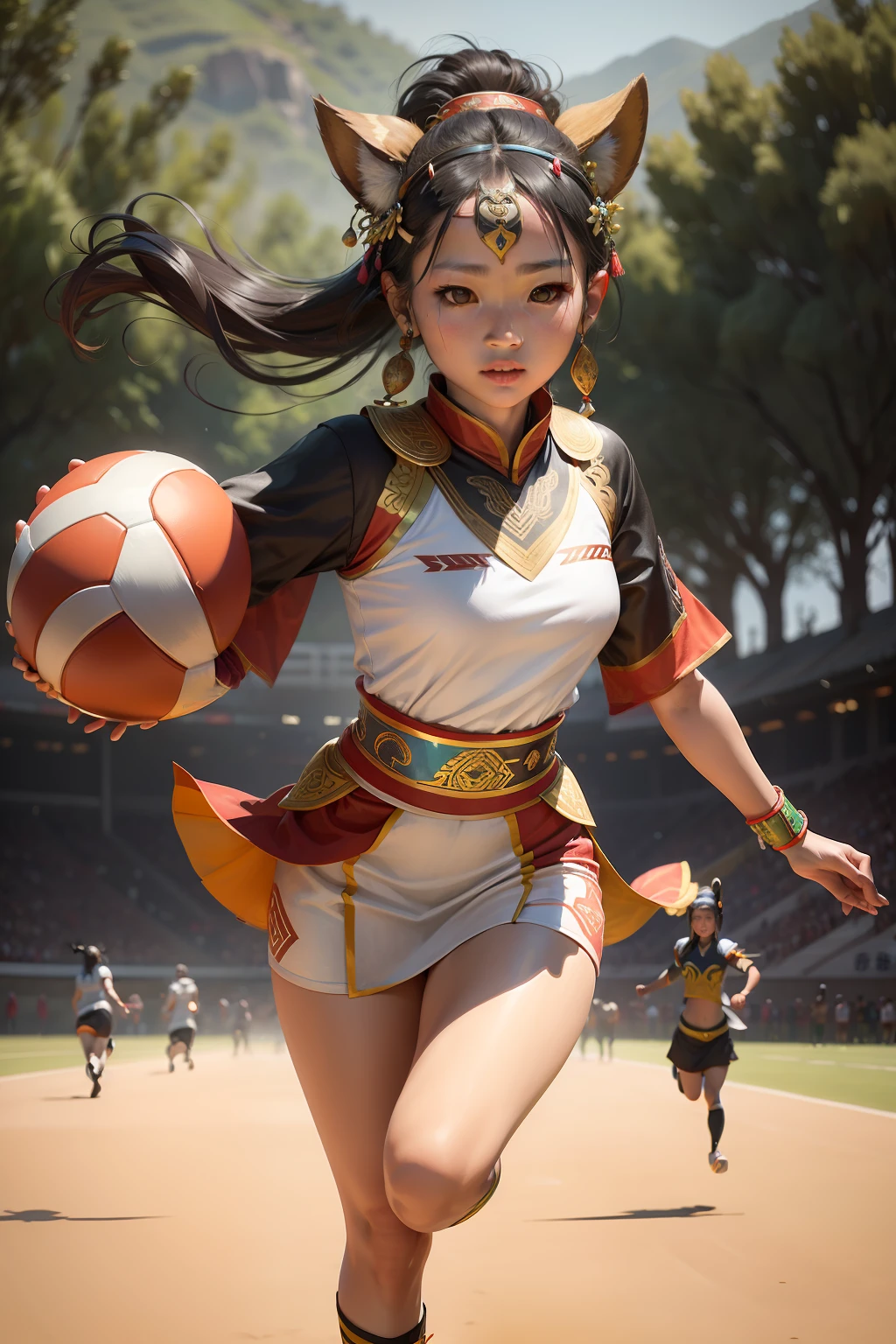 A beautiful woman wearing Miao costumes and Miao silver jewelry on her head is in football, a large piece of light and shadow, painting this girl wearing Miao silver jewelry on her head, wearing Miao characteristic clothing, running happily on the football field, 4K HD