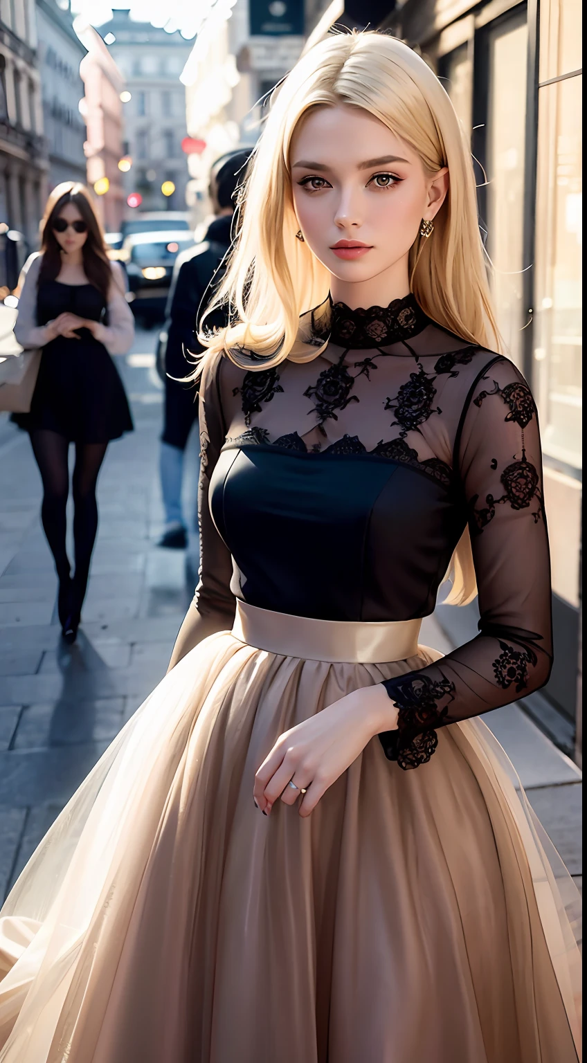 European and American women, A fashion model, Wear a tulle skirt, Glamour, paparazzi taking pictures of her, Blonde hair, Brown eyes, 8K, High quality, Masterpiece, Best quality, HD, Extremely detailed, voluminetric lighting, Photorealistic