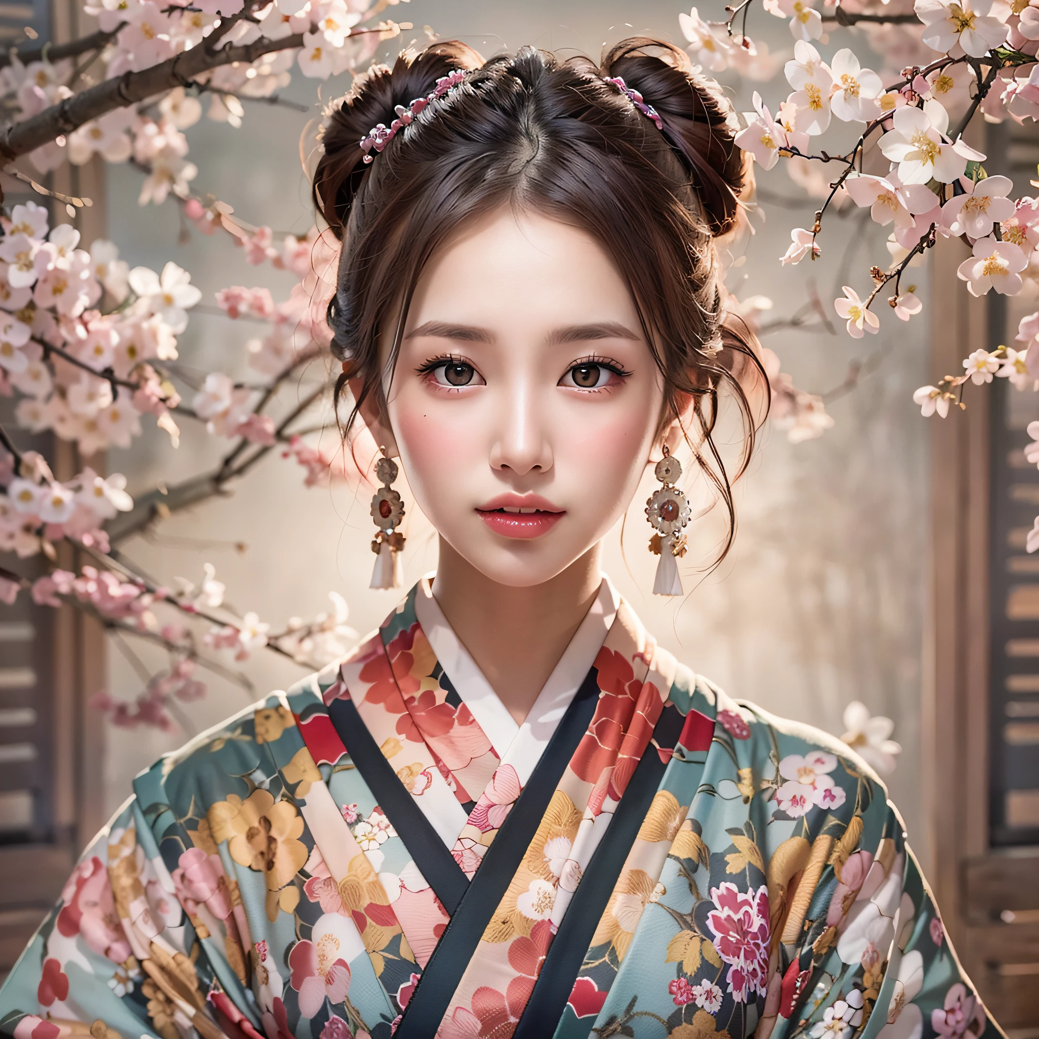 symmetrical, Compositions with coloful geometric arabesque patterns, (Bun hair, dark brown hair), (top-quality, Photorealsitic:1.4, masterpiece:1.3, RAW Photography:1.2, cinematric light, very detailed illustration), (1woman:1.3, solo), (Japan kimono with cherry blossom pattern:1.3), (asian girl, ultra delicate face, ultra Beautiful fece, ultra delicate eyes, ultra detailed nouse, ultra detailed mouth, ultra detailed facial features), petite woman, (midium breast:1.3), from the front side, skiny, lipgloss, a smile