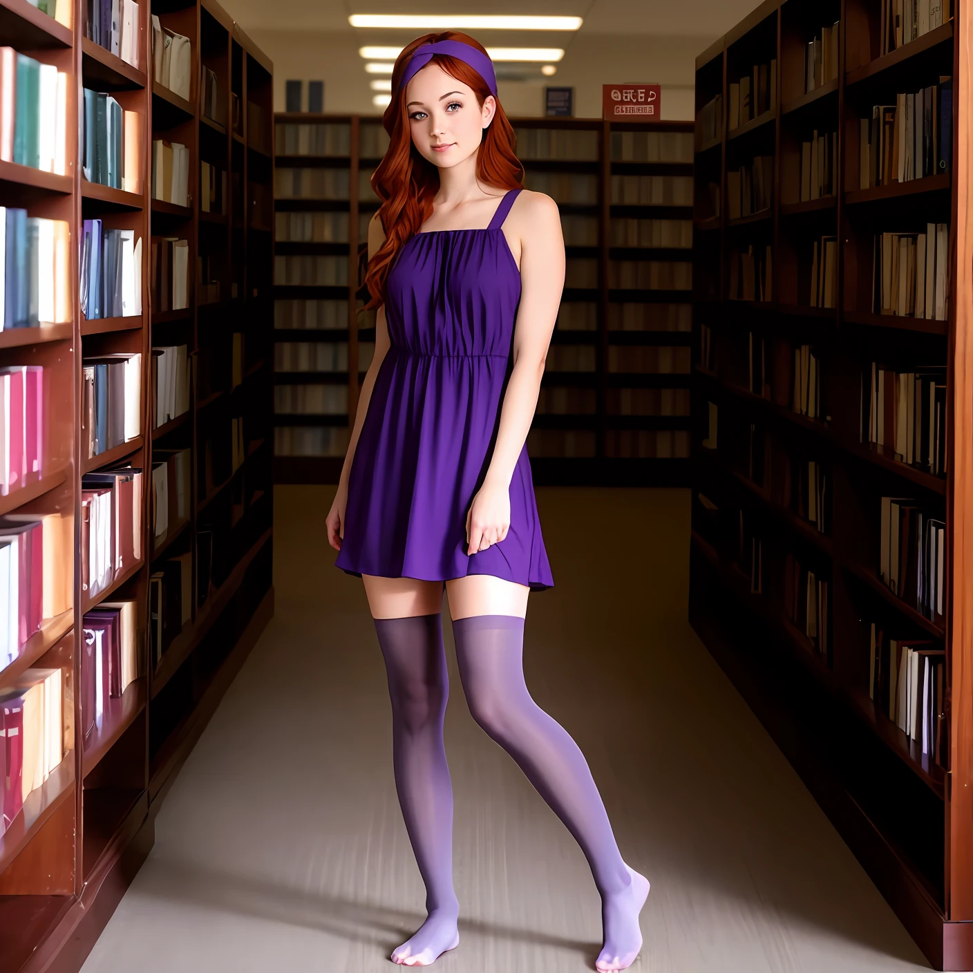 Full body view, feet in view, RAW,beautiful woman face, red hair, purple eyes, cute, purple headband, purple dress, pink pantyhose, no shoes, library