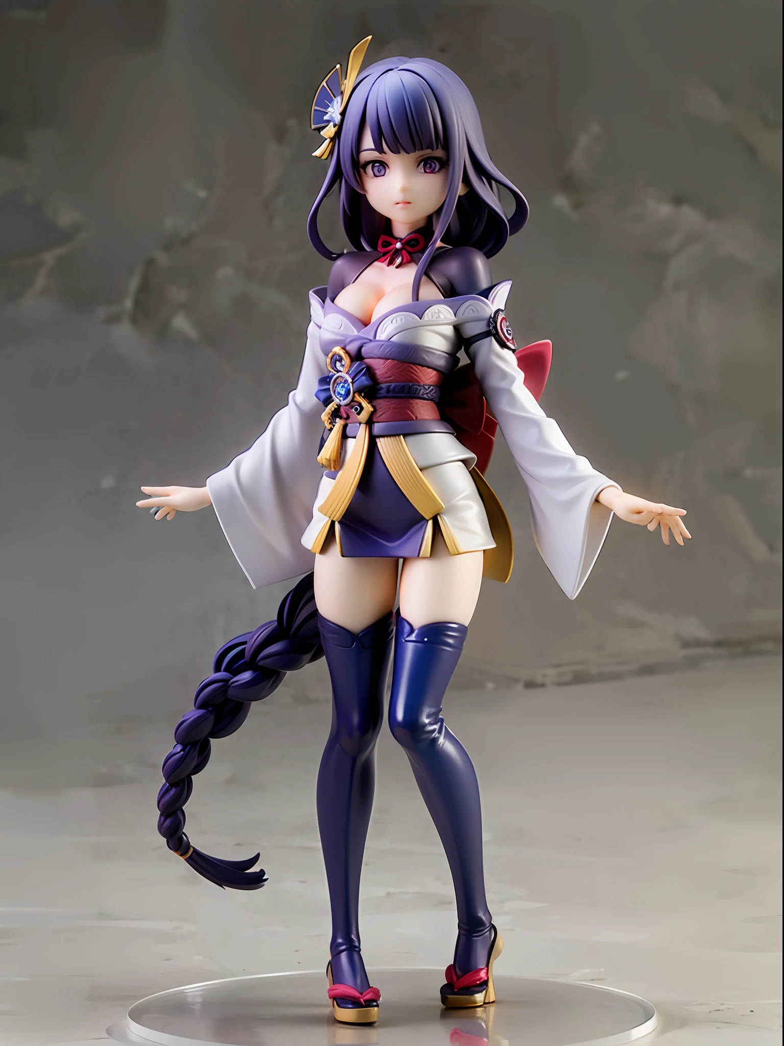 (Blind box toy style:1.3), ((Full body photo:1.5)) , 1 masterpiece, ((anatomy correct:1.4))，Best quality,,(((Raiden Shogun))) ((Genshin Impact)), 1 girl solo, Slim little kimono，Purple stockings，Slender legs，The clothes slipped off the shoulders，Expose the upper part of the chest， dreamy glow, Clean, Purple clean background ，（circular base:1.3）( Global illumination, Ray traching, hdr, unreal render,reasonable design, high detal, Masterpiece, Best quality, hyper HD, Cinematic lighting)