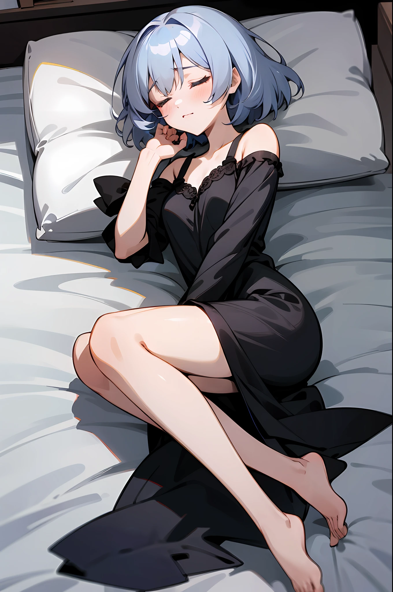 anime girl with gray hair, wearing a black pyjama, anime moe artstyle, full body, anime girl wearing a black dress,,seductive anime girl, sleeping at bedroom, cuteass anime 8 k, , (anime girl), zerochan art, 1girl, h, high res, ultrasharp, 8k, masterpiece, perfect body, perfect face, cute face,