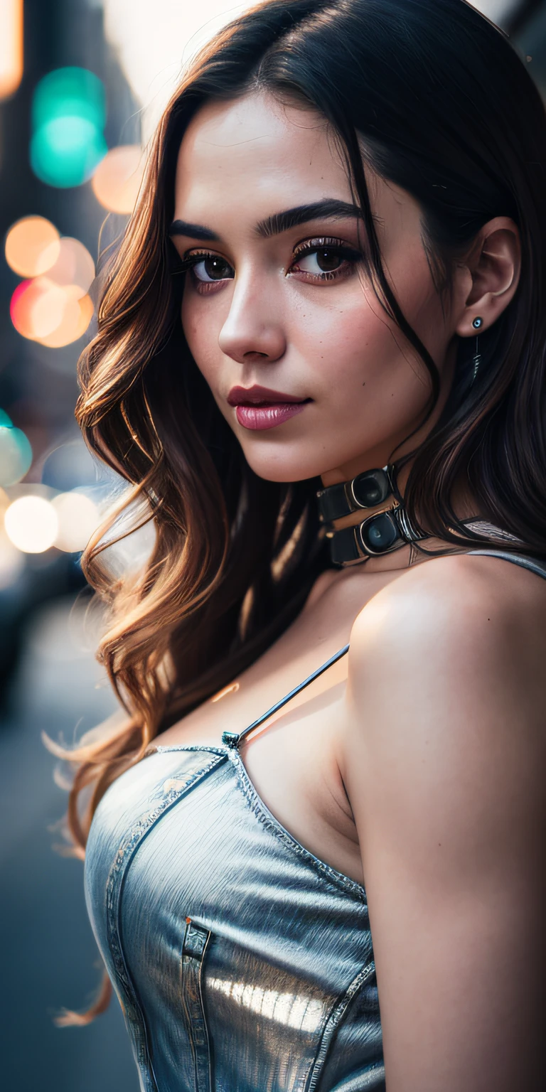Full face portrait photo of a 25-year-old European girl, RAW, beautiful woman, semi-open strawberry lips, dimples, wistful look, (extra long wavy brown hair), ((detailed face)), ((detailed facial features)), (finely detailed skin), pale skin, (deep neckline detailed high-tech cyberpunk dress), cyberpunk megacity environment, (cool colors), damp, damp, reflections, (masterpiece) (perfect proportion)(realistic photo)(best quality) (detailed) shot on a Canon EOS R5, 50mm lens, F/2.8, HDR, (8k) (wallpaper) (cinematic lighting) (dramatic lighting) (sharp focus) (intricate), RAW photo, RAW photo, gigachad photo, posing for camera, black jeans, back arms, 8k uhd, dslr, high quality, grain film, Fujifilm XT3