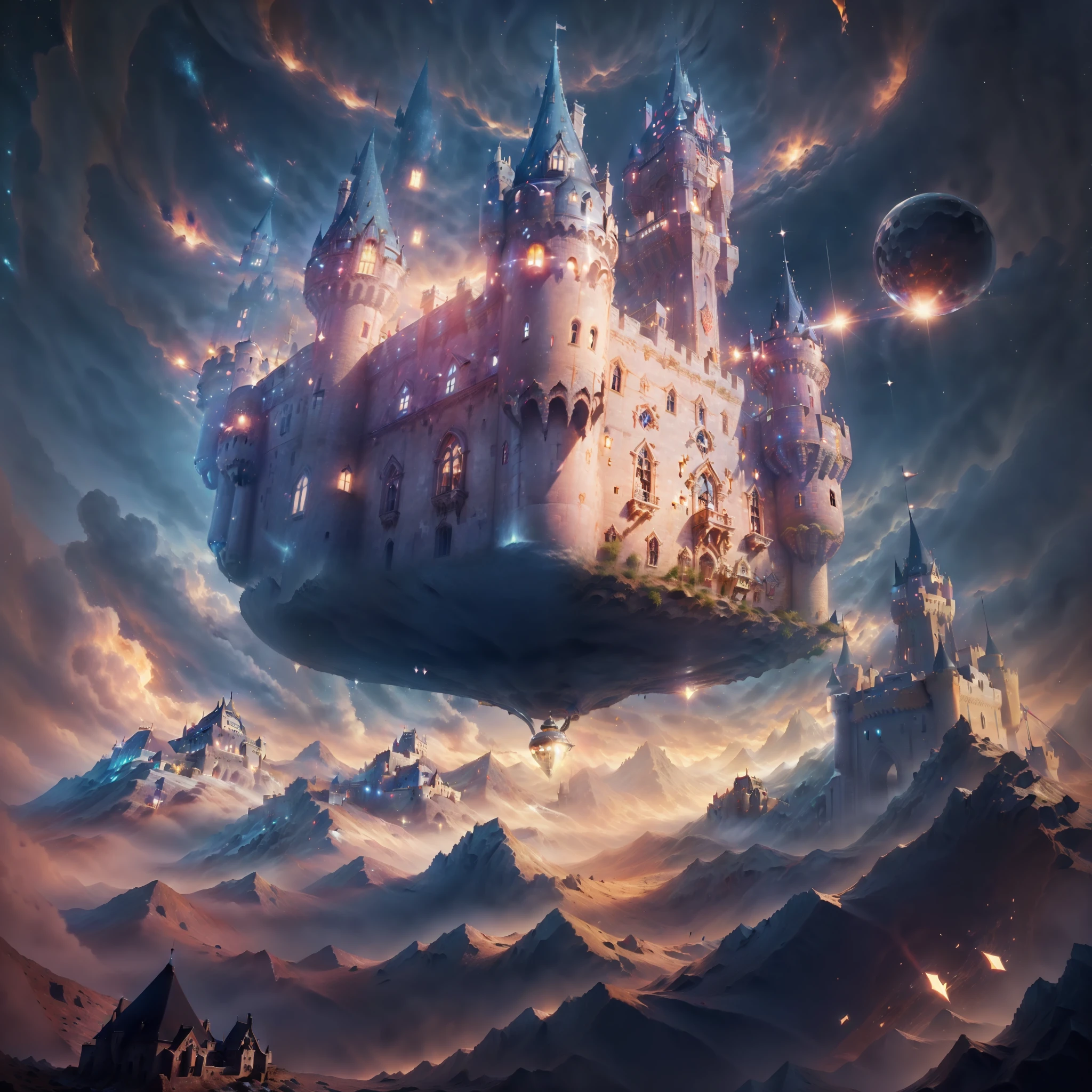(A castle suspended in the air:1.5),levitating,(Skysky、borgar、fanciful、starrysky、suns、themoon、galactic),Amazing plant growth,extremy detailed,realistic raytraicing,Epic composition,(complexdetails),(Complex design,hyper-detailing:1.2),art stations,(tmasterpiece,best qualtiy),hyper HD,32k,(A castle suspended in the air:1.5),levitating