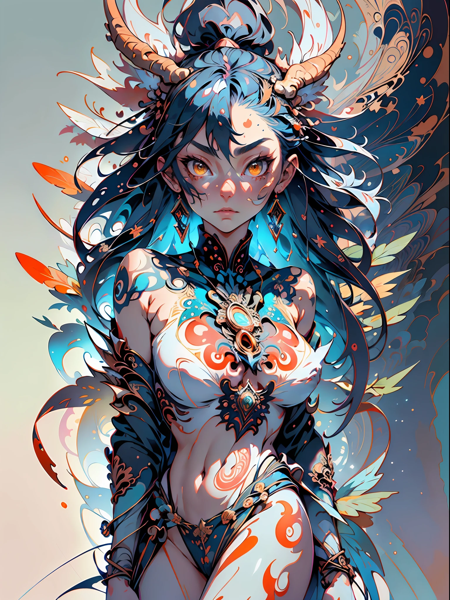 absurd, highres, ultra detailed, (ultra-detailed background, detailed background), (full body), extremely detailed, warrior woman almost naked, minimal clothes, almost naked, paint running down the naked body, body covered by detailed painting, (((adult woman)))), perfect adult face, 35 years, (zentangle:1.2), (geometric:1.2), colorful, almost naked whole body, sexy pose, tiny thong, dragon tattoo, stars, large and erect breasts, muscular, perfect body, Vietnamese ornaments, colorful