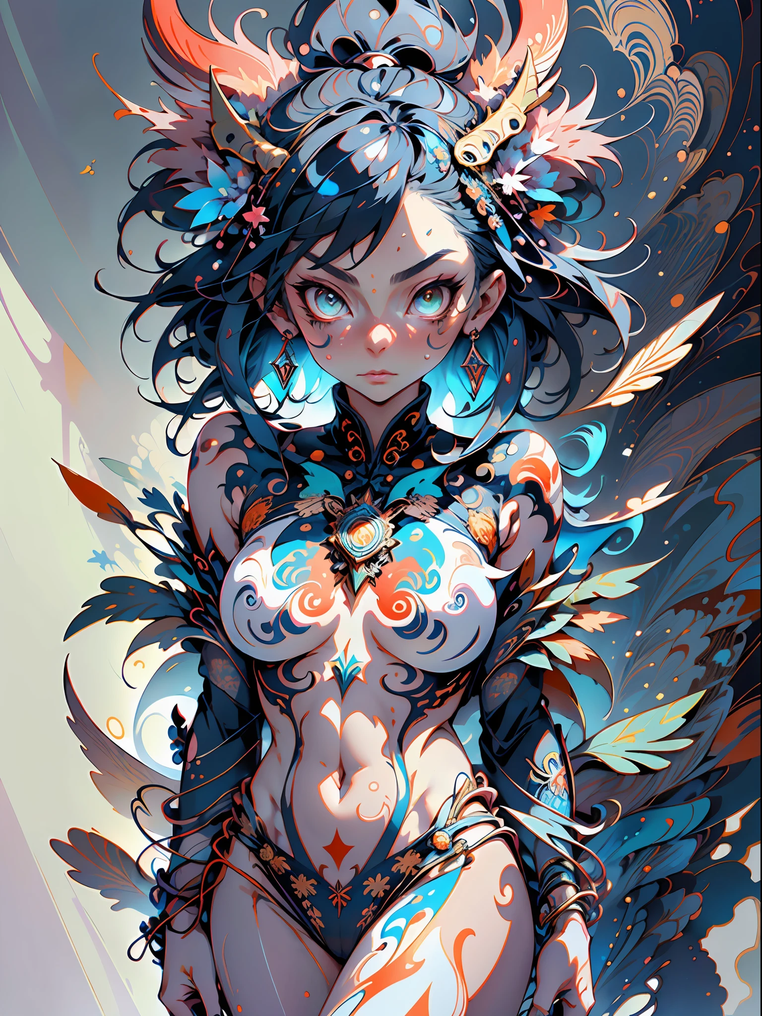 absurd, highres, ultra detailed, (ultra-detailed background, detailed background), (full body), extremely detailed, warrior woman almost naked, minimal clothes, almost naked, paint running down the naked body, body covered by detailed painting, (((adult woman)))), perfect adult face, 35 years, (zentangle:1.2), (geometric:1.2), colorful, almost naked whole body, sexy pose, tiny thong, dragon tattoo, stars, large and erect breasts, muscular, perfect body, Vietnamese ornaments, colorful