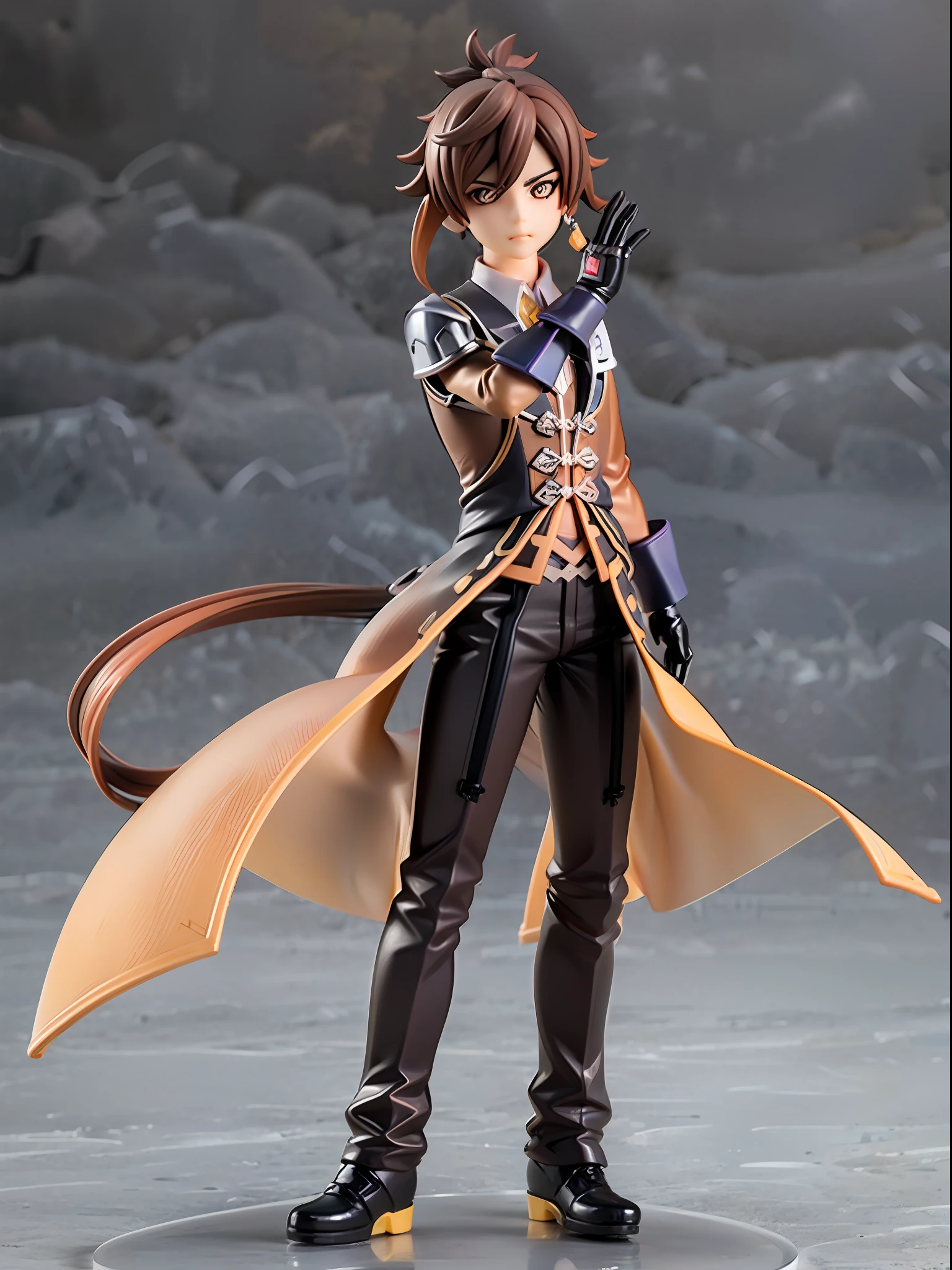 (Blind box toy style:1.3), (Full body shot) ,(1 masterpiece), Best quality, ((anatomy correct,1 boy solo)),((zhongli:1.2)) (genshin impact), Brown hair, single earring, mitts, Black gloves, jewelry, Tassel earrings, pony tails, hair between eye, Jacket, Long sleeves, Yellow eyes, shirt, tiese, Collared shirt, formal, suit, Closed mouth, dreamy glow, Clean, Clean background(circular base) ( Global illumination, Ray traching, hdr, unreal render,reasonable design, high detal, Masterpiece, Best quality, hyper HD, Cinematic lighting)