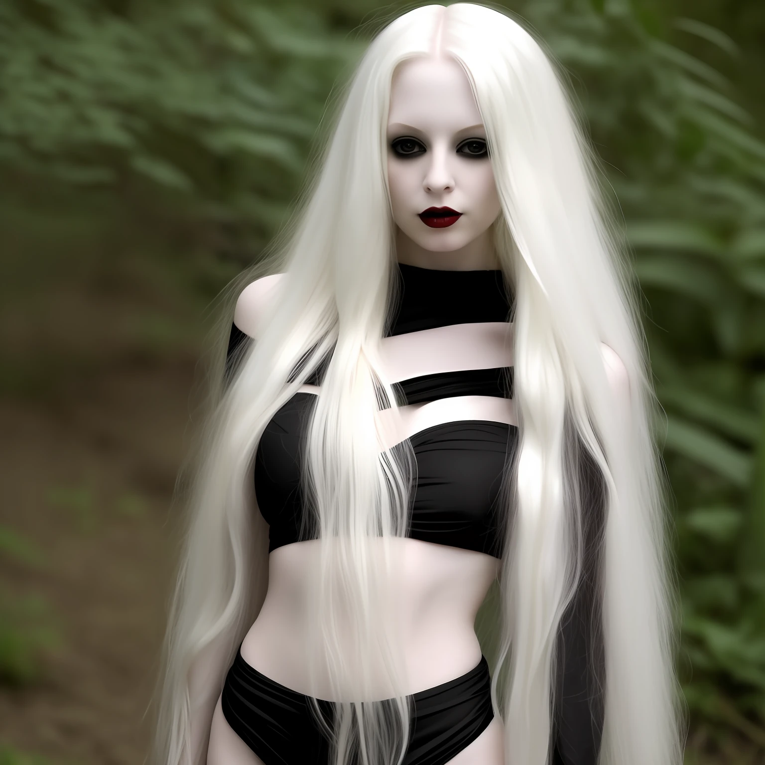 a blond woman with long white hair in black bikini top and black pants, standing, full body, pale goth beauty, perfect white haired girl, with long white hair, very beautiful elven top model, pale white skin, with white long hair, pale hair, with pale skin, pale fair skin!!, very pale white skin, extremely pale white skin, very beautiful goth top model