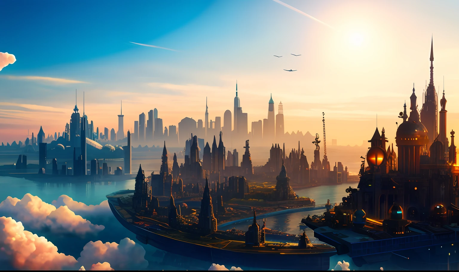 sky cities，Floating island，afloat，A city floating in the clouds，cinematic framing，A magnificent city，Wonderful，steampunc，cyber punk perssonage