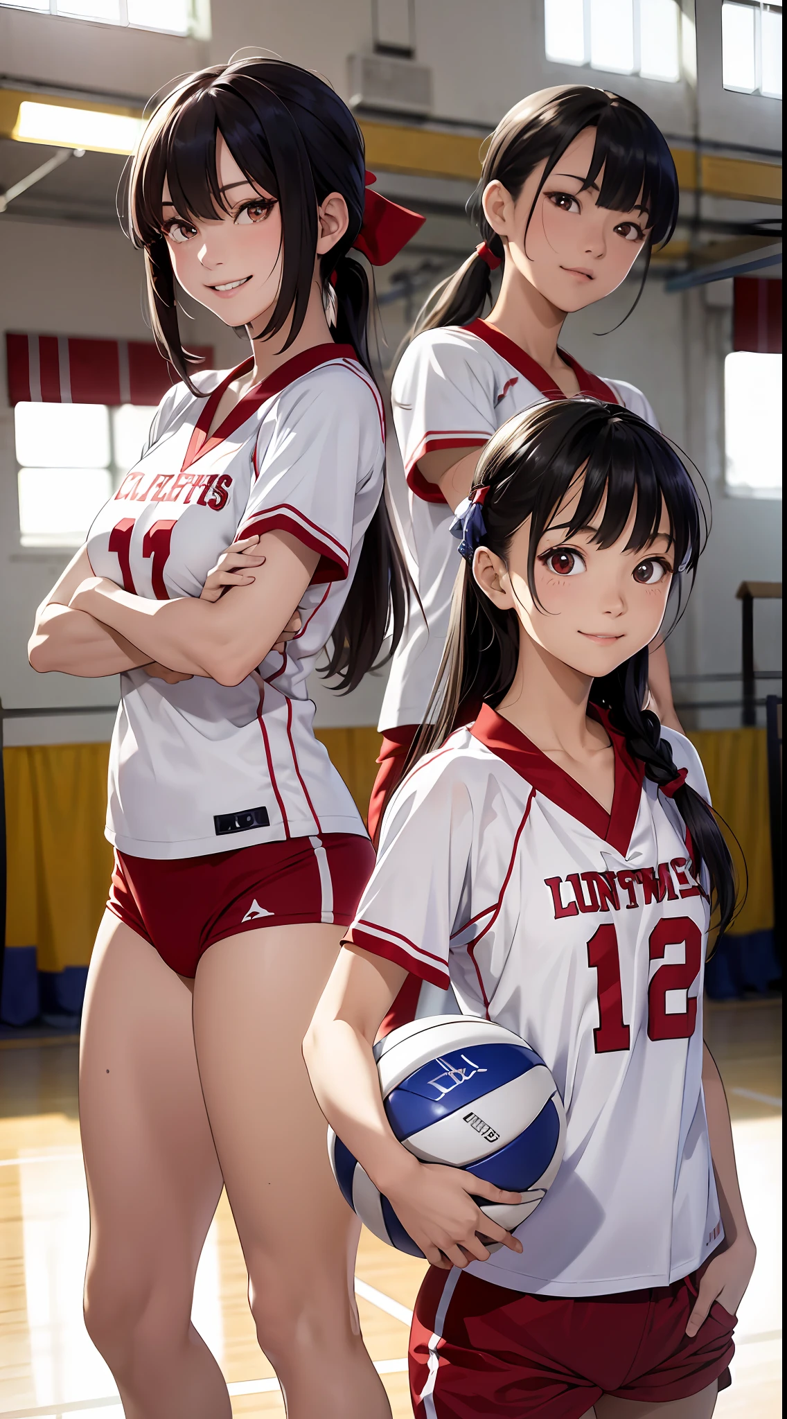 (top-quality、8K、32K、tmasterpiece、NFFSW、超A high resolution、Impresionismo、Photorealsitic:1.2)、full bodyesbian, Inside the gymnasium、volleyball field、beauitful face、blurred back、16-year-old beautiful girl、shiny skins、bob-cut、Beautiful black hair、Red eyes、(hachimaki:1.2)、Volleyball Uniforms、curves、dynamicposes、mouth open smile、Two girls