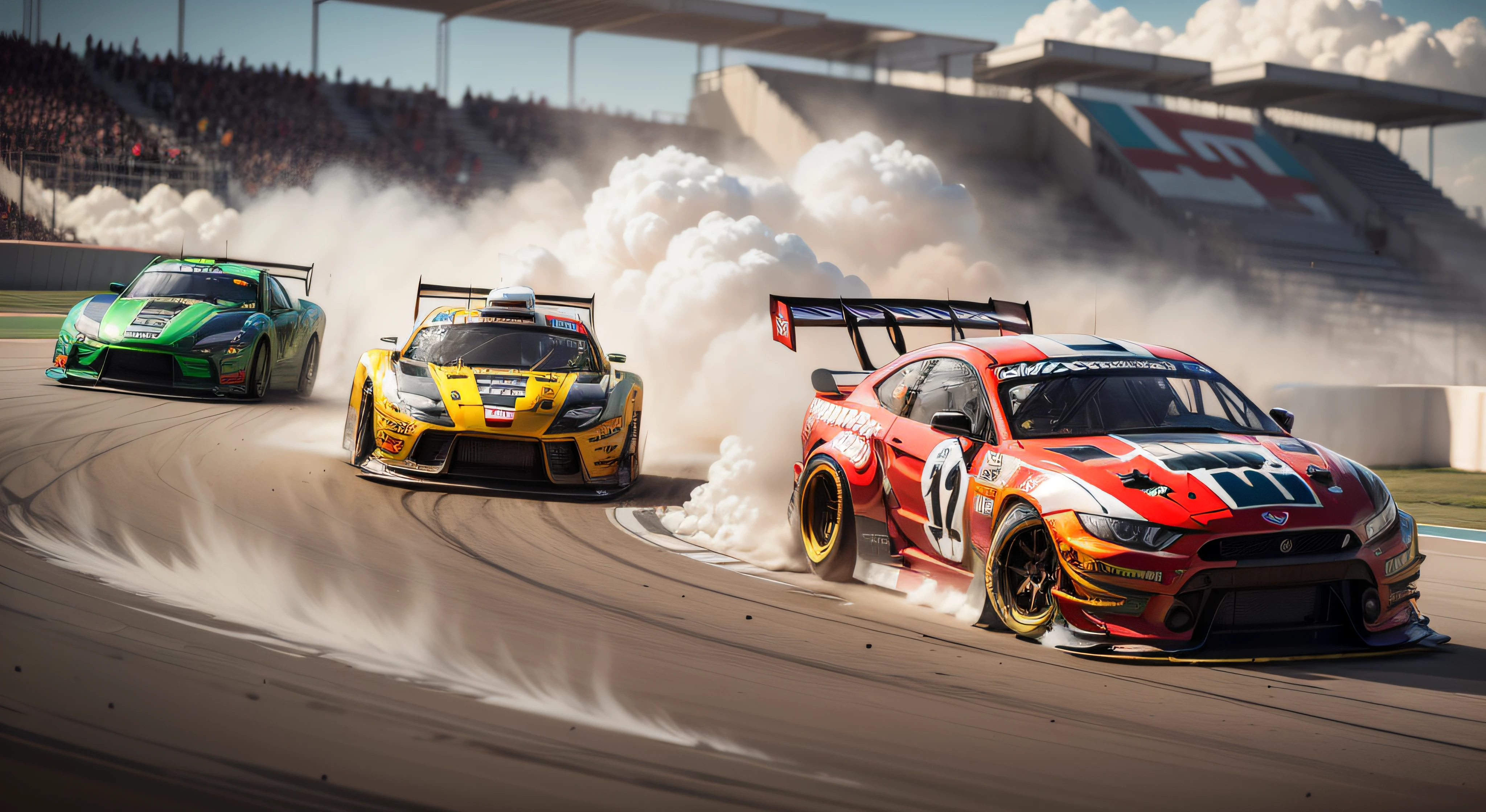 (masterpiece, detailed, CG:1.2), thrilling drift race in action, (speeding drift cars:1.2), (smoky wheels:1.2), (tire smoke enveloping:1.1), (precision drifting:1.2), (high-speed maneuvers:1.2), (close-up shots:1.2), (tire screeching:1.1), (exciting atmosphere:1.2), (enthusiastic crowd:1.1), (race track filled with smoke:1.2), (heart-pounding moments:1.2), (audience on their feet:1.1), (dust clouds rising:1.2), (dynamic camera perspectives:1.1), (dramatic lighting effects:1.2), (adrenaline pumping:1.1), (colorful race helmets:1.2), (drifting skills on display:1.2), (trails of burnt rubber:1.1)