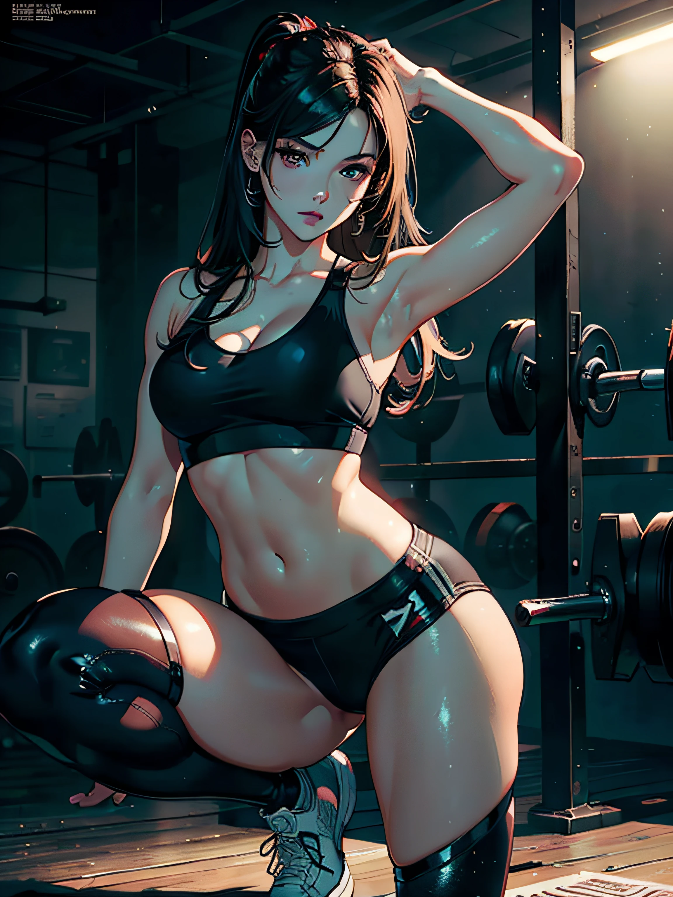 (ultra-realistic rendering, best quality), ((Top Quality, 16k, Masterpiece: 1.3)), (Beauty, 1 Girl), (realistic photo shot in a dark studio), (medium full body shot), (20 year old girl sexy poses in the gym), (sexy sport outfit), sports leggings, sports bra, beautiful detailed face, small breasts, pale skin, detailed long blond hair, heavy makeup, (realistic glistening skin), masterpiece, best quality, high resolution scan, (professionally color graded), sharp focus, rim lighting, dimly lit, two tone lighting, dark, tifa