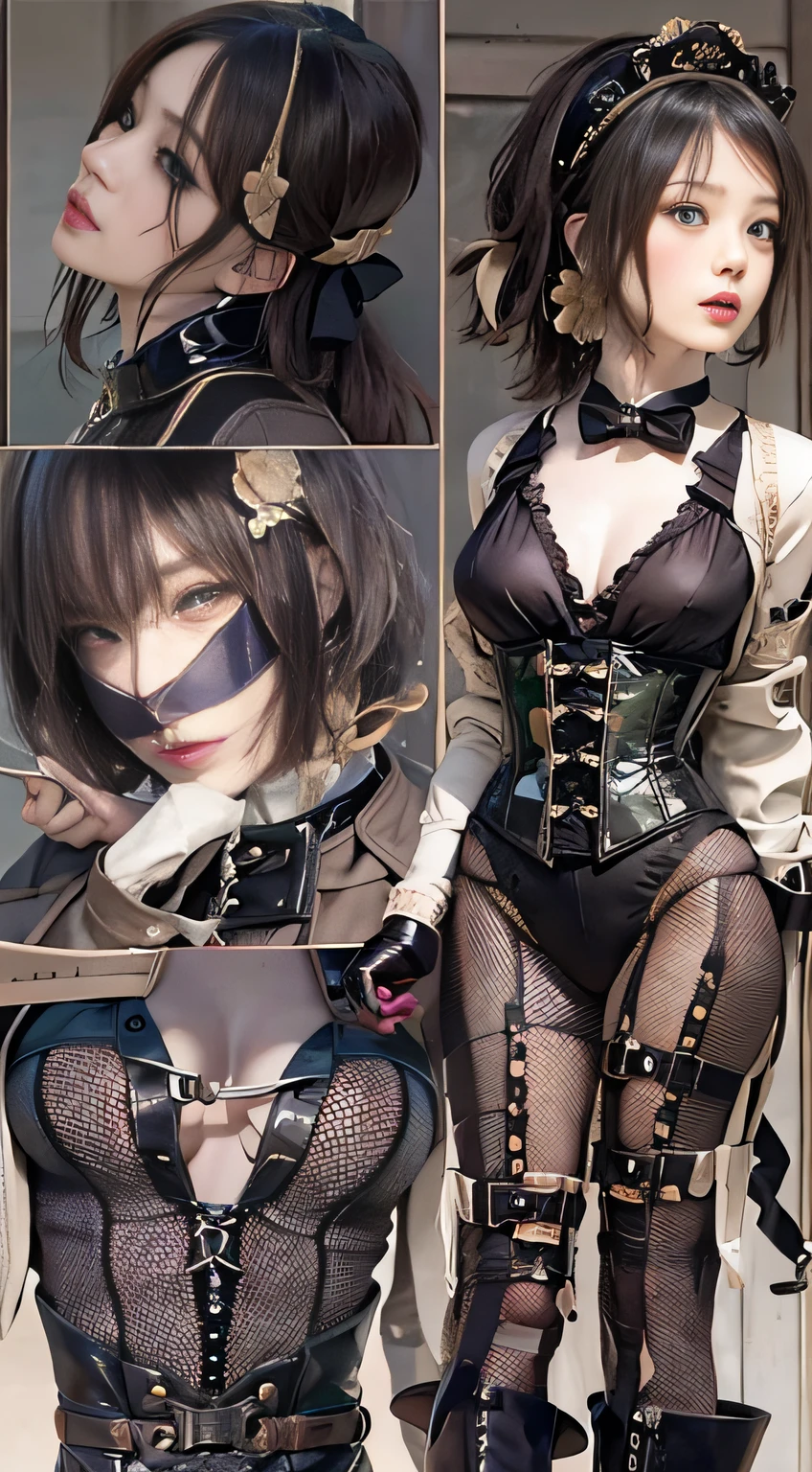 Woman in black catsuit posing in steampunk world, Leather corset, Wearing a black latex costume, captivating and enticing, corsets, wrapped in leather straps, very tight corset, very sexy costume, cruel korean goth girl, elegant corset, Wearing a latex costume, intricate wet latex suspenders, Latex, intricate latex set, Corset wearing, Sexy 21 year old cool Korean, Beautiful steampunk anime lady, a steampunk beautiful goddess, Jeizuo, magnifica, viewer, Realistis, Full body camera, on the lap, squatt, radical, tall, Forced real water, White Less Cloth Transparent Mini Shirt, White transparent thong, Low in the steampunk world, Very fine, Beautiful eyes with cosplay details, long eyelashes, Beautiful double eyelids, Eyeshadow is very fine, Narrow eyes, Three white eyes, Dark Eye Makeup, evil smile, Beautiful, thin legs, Tie short hair back, Goofy face, Rolling eyes, Blushing, Mouth watering, Sticky tongue, Vaginal orchid, Vaginal discharge, Squirting, (((Very small breasts))), Grasp your breasts with both hands, Spread legs, sexual excitement, Sex Expressions, Bare skin