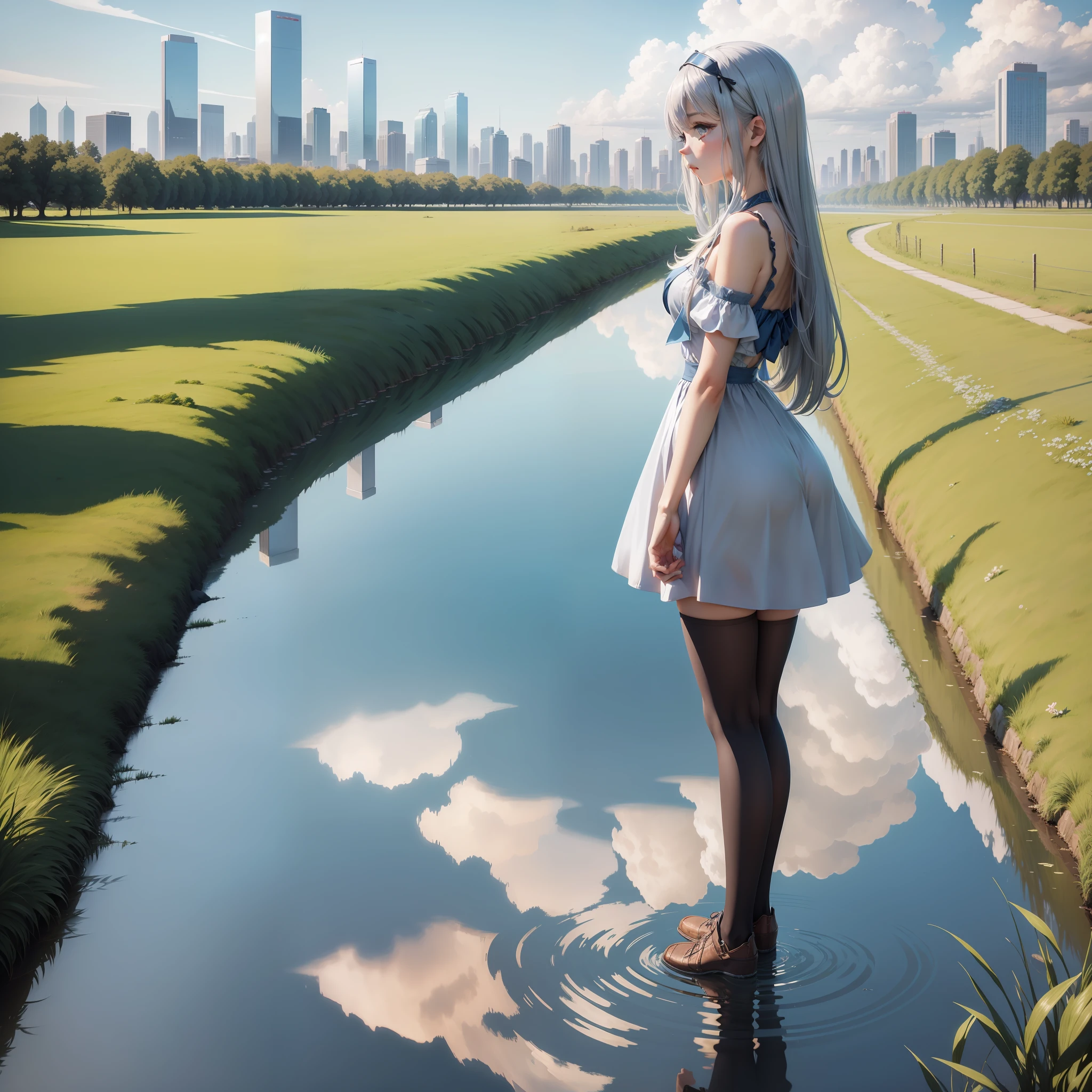 Silver anime girl，large grassland（Extremely tense）the beautiful skyline，Water surface reflection