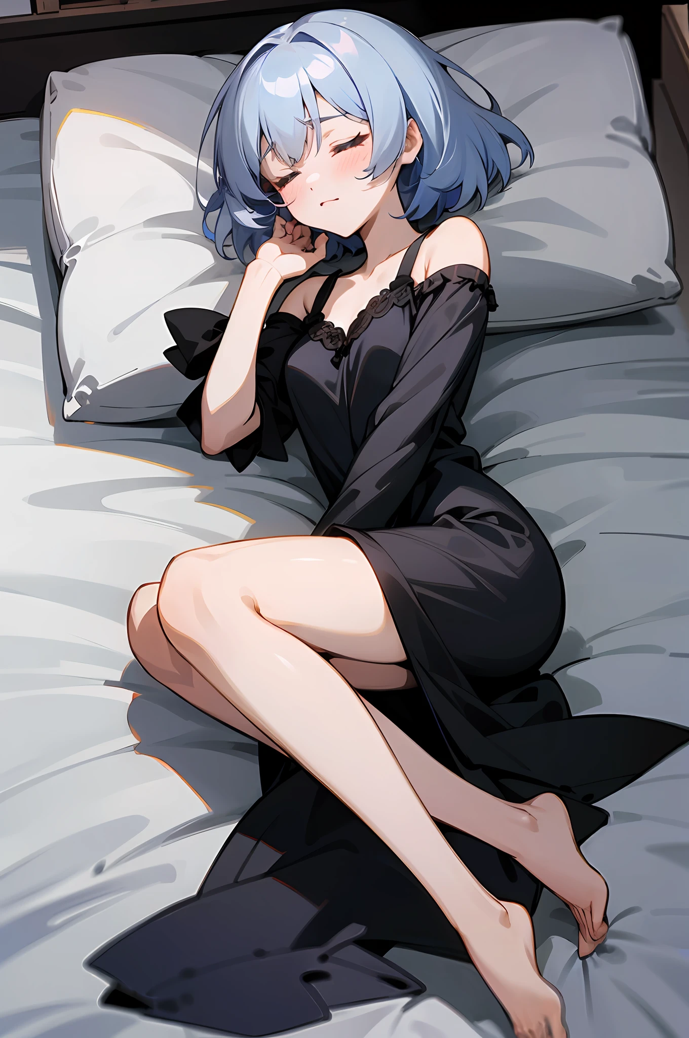 anime girl with gray hair, wearing a black pyjama, anime moe artstyle, full body, anime girl wearing a black dress,,seductive anime girl, sleeping at bedroom, cuteass anime 8 k, , (anime girl), zerochan art, 1girl, h, high res, ultrasharp, 8k, masterpiece, perfect body, perfect face, cute face,