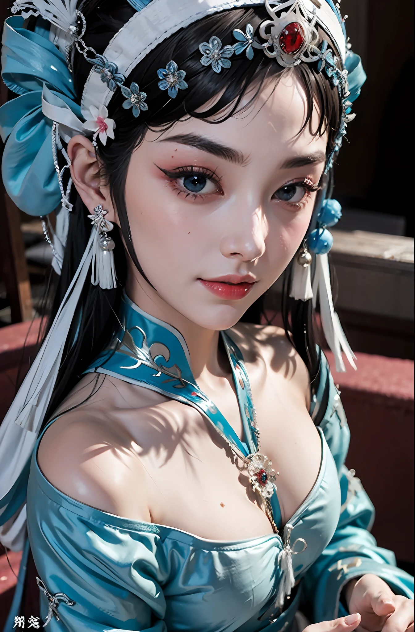 1girll，（Nordic supermodel），sface focus，（Peking Opera Half Noodles：1.2），（lucid blue eyes：1），（tmasterpiece，top-quality，best qualityer，offcial art，Beauty and aesthetics：1.2），up front view，facing to audience，（full bodyesbian：1.1），huge tit，Full body photo，delicate leg