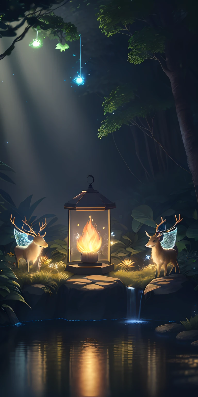 Masterpiece, best quality, (very detailed CG unity 8k wallpaper), (best quality), (best illustration), (best shadows), glow sprite, with a glowing deer, in the swimming pool Drinking water, natural elements in the forest theme. Mysterious forest, beautiful forest, nature, surrounded by flowers, delicate leaves and branches surrounded by fireflies (natural elements), (jungle theme), (leaves), (twigs), (fireflies), (particle effects) etc. 3D , Octane rendering, ray tracing, super detailed