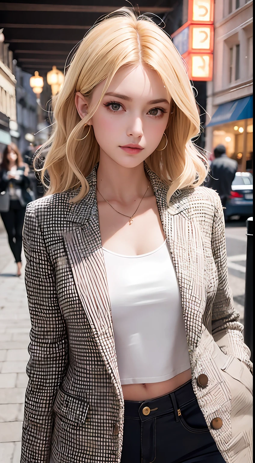 European and American women, A fashion model, Wear a cropped blazer, Glamour, paparazzi taking pictures of her, Blonde hair, Brown eyes, 8K, High quality, Masterpiece, Best quality, HD, Extremely detailed, voluminetric lighting, Photorealistic