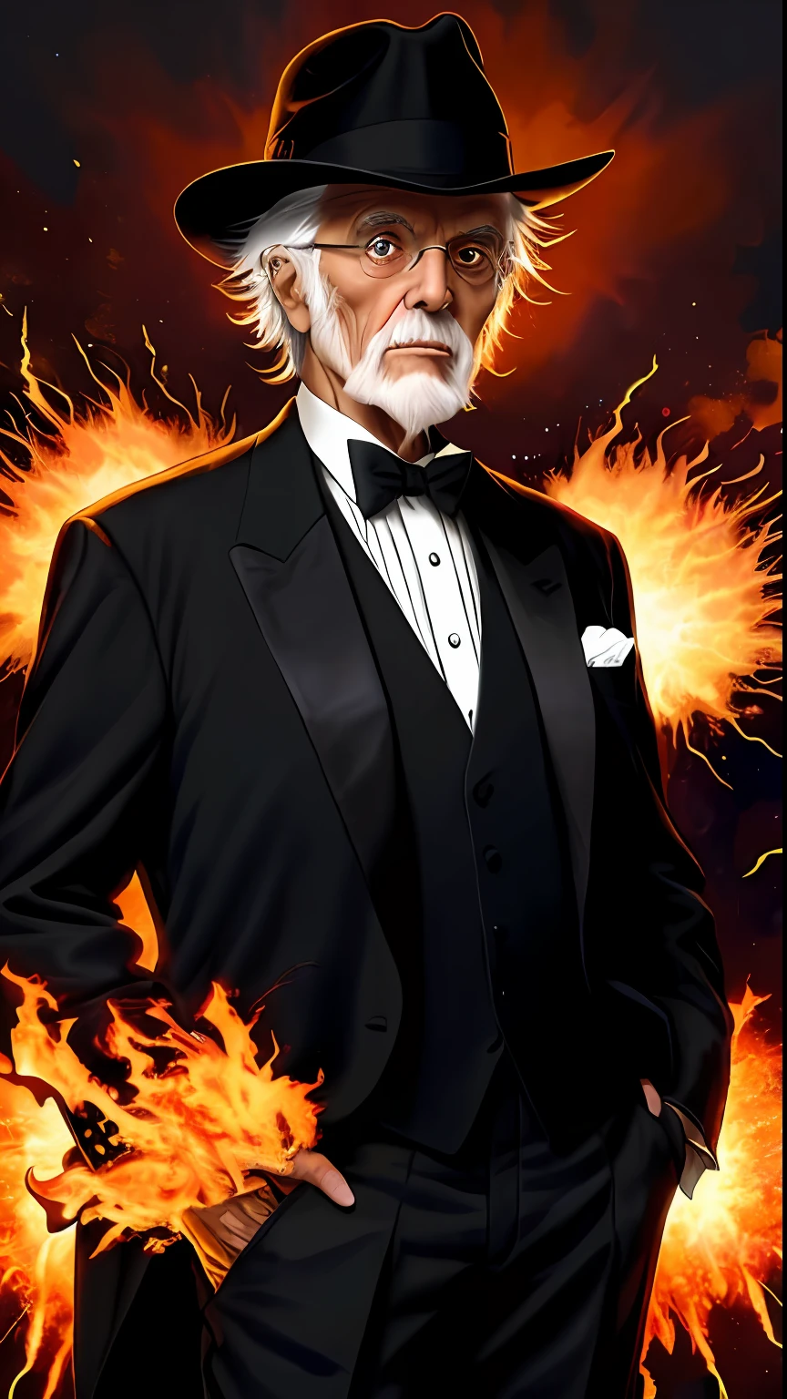 "An elderly gentleman with white hair, dressed in a stylish tuxedo and wearing a fedora, standing against a backdrop of a fiery explosion, illuminated by dramatic and intense lightings."