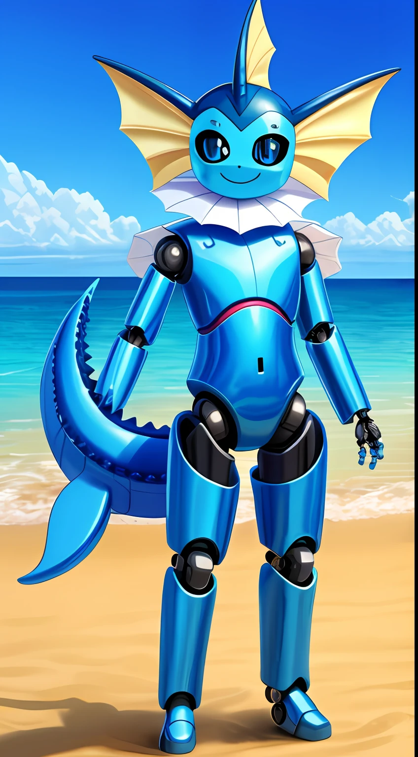 Vaporeon ,obra maestra,mejor calidad,estilo de arte del the minuscule task ,robot maquina,metalico,shiny skin,metallic, mechanical,pokemon,cute pose,cheerful, smile,black sclera, blue eyes, shiny skin,feral, femenine,beach,robot face,