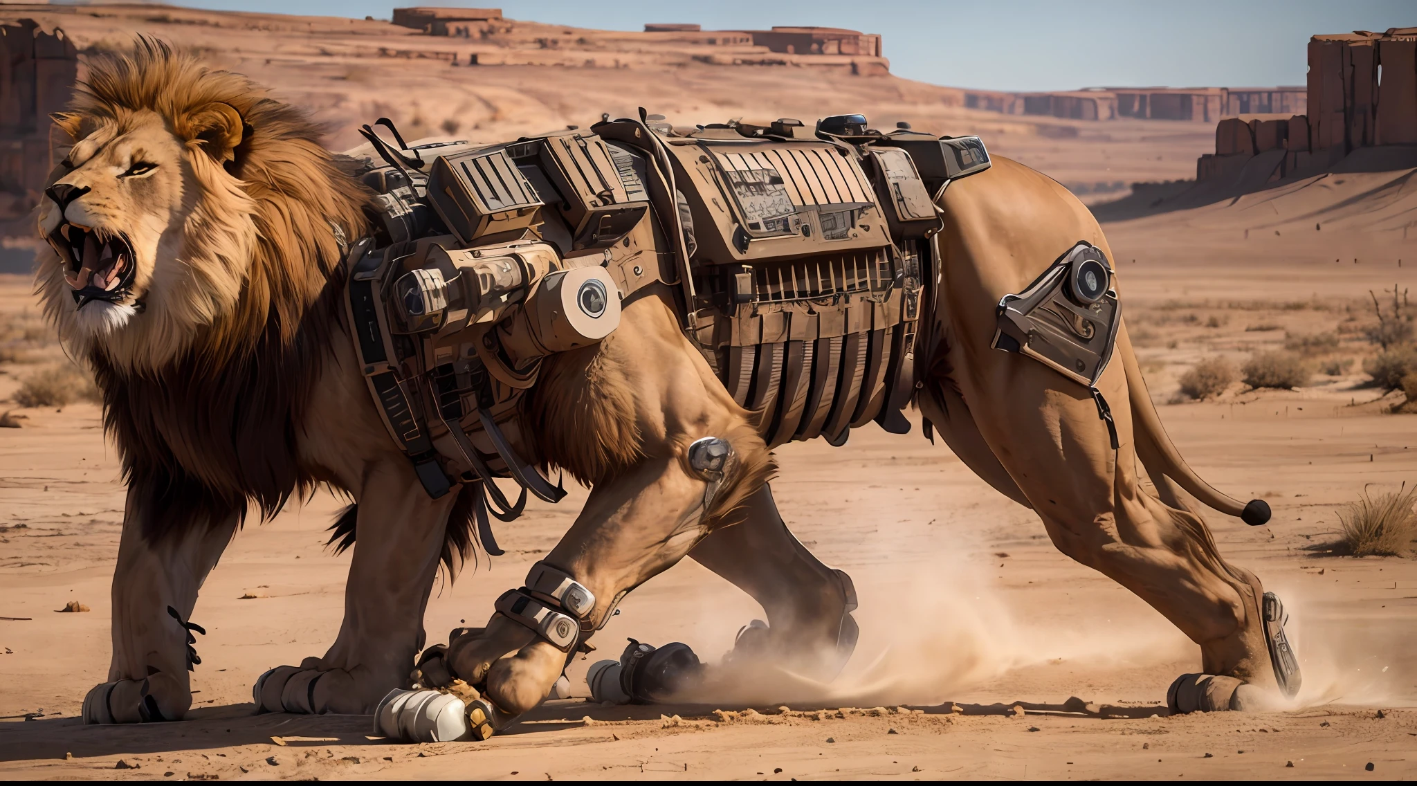 desert landscape (masterpiece, best quality:1.2), ultra-detailed, lion walking, (8k, RAW photo, highest quality), Robotic lion feet, mecha lion, roar, screaming, stainless, Orb in the lion's chest, artillery in the lion body