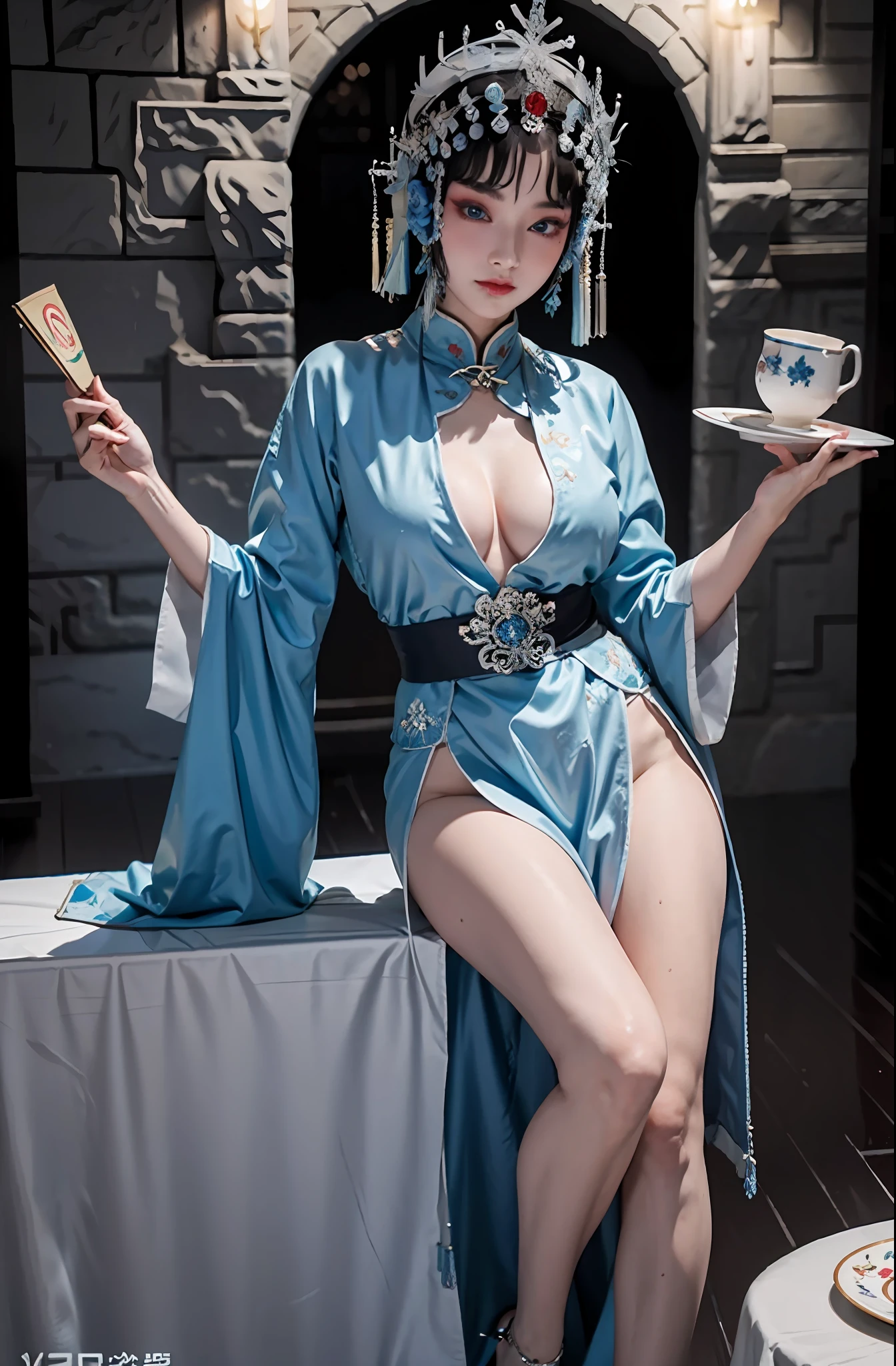 1girll,(Nordic supermodel),sface focus,(Peking Opera Half Noodles:1.2),(lucid blue eyes:1),(tmasterpiece,top-quality,best qualityer,offcial art,Beauty and aesthetics:1.2),up front view,facing to audience,(full bodyesbian:1.1),huge tit,Full body photo,delicate leg