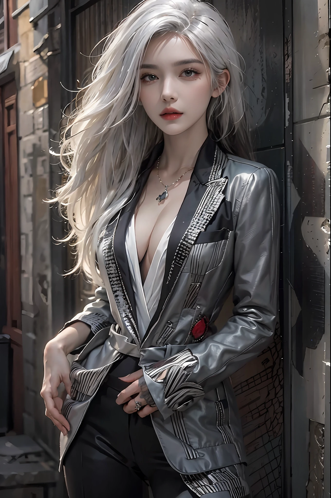 photorealistic, high resolution, 1women, solo, hips up, look at viewer, (detailed face), white hair, long hair, black suit, mafia, tattoo, jewelry