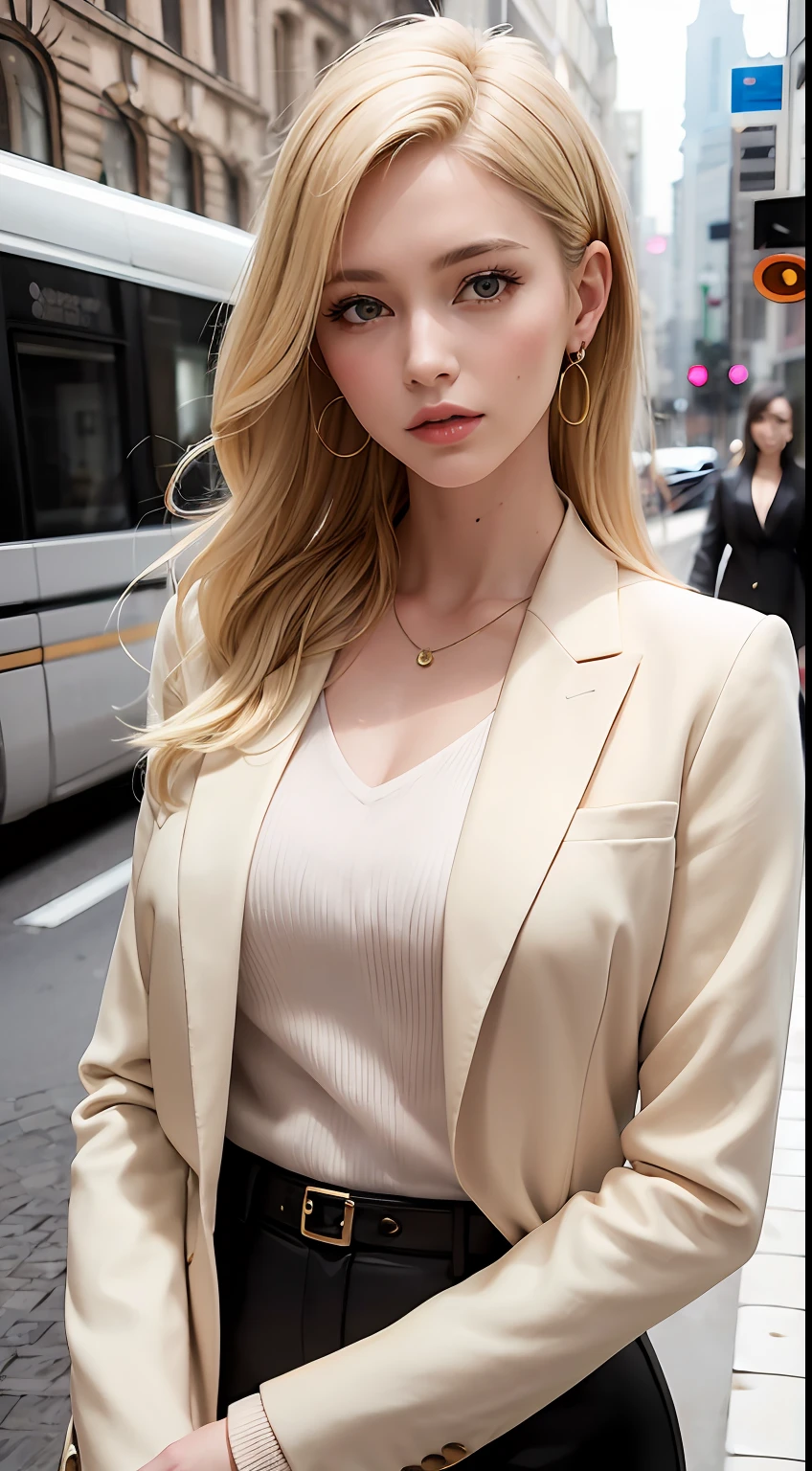 European and American women, A fashion model, Wear a cropped blazer, Glamour, paparazzi taking pictures of her, Blonde hair, Brown eyes, 8K, High quality, Masterpiece, Best quality, HD, Extremely detailed, voluminetric lighting, Photorealistic