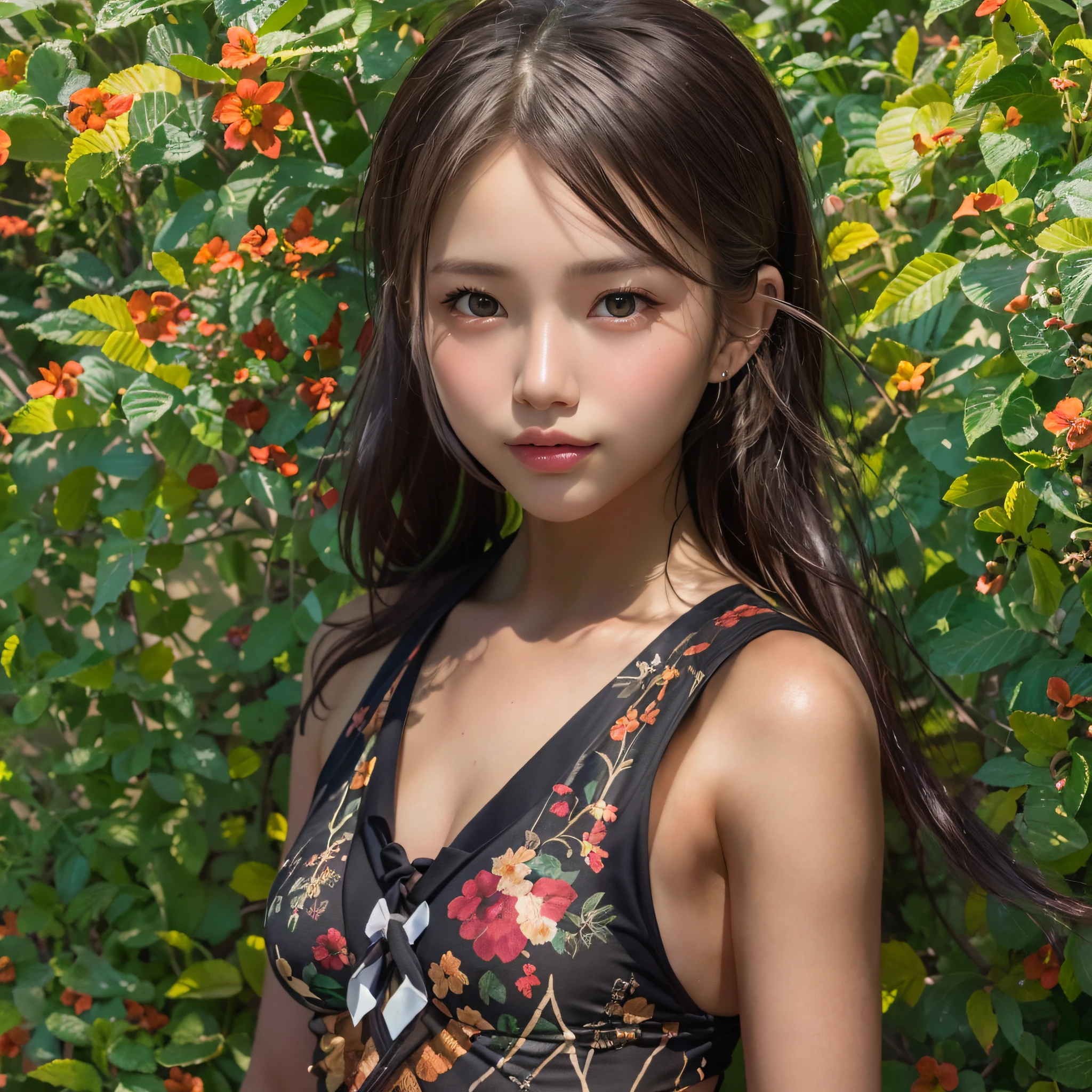 (Highest Quality, hyper-realistic:1.3, Super dense, very detailed illustration, Best image quality, very detailed illustration), (sexy black bikini:1.37),
(symmetrical, Compositions with coloful geometric arabesque patterns):1.3, (1woman:1.3, solo),
(full body:1.3), (Model-like body shape),
(High ponytail), (dark brown hair),
(Japanese, 18-year-old woman),
(smiling:0.5)