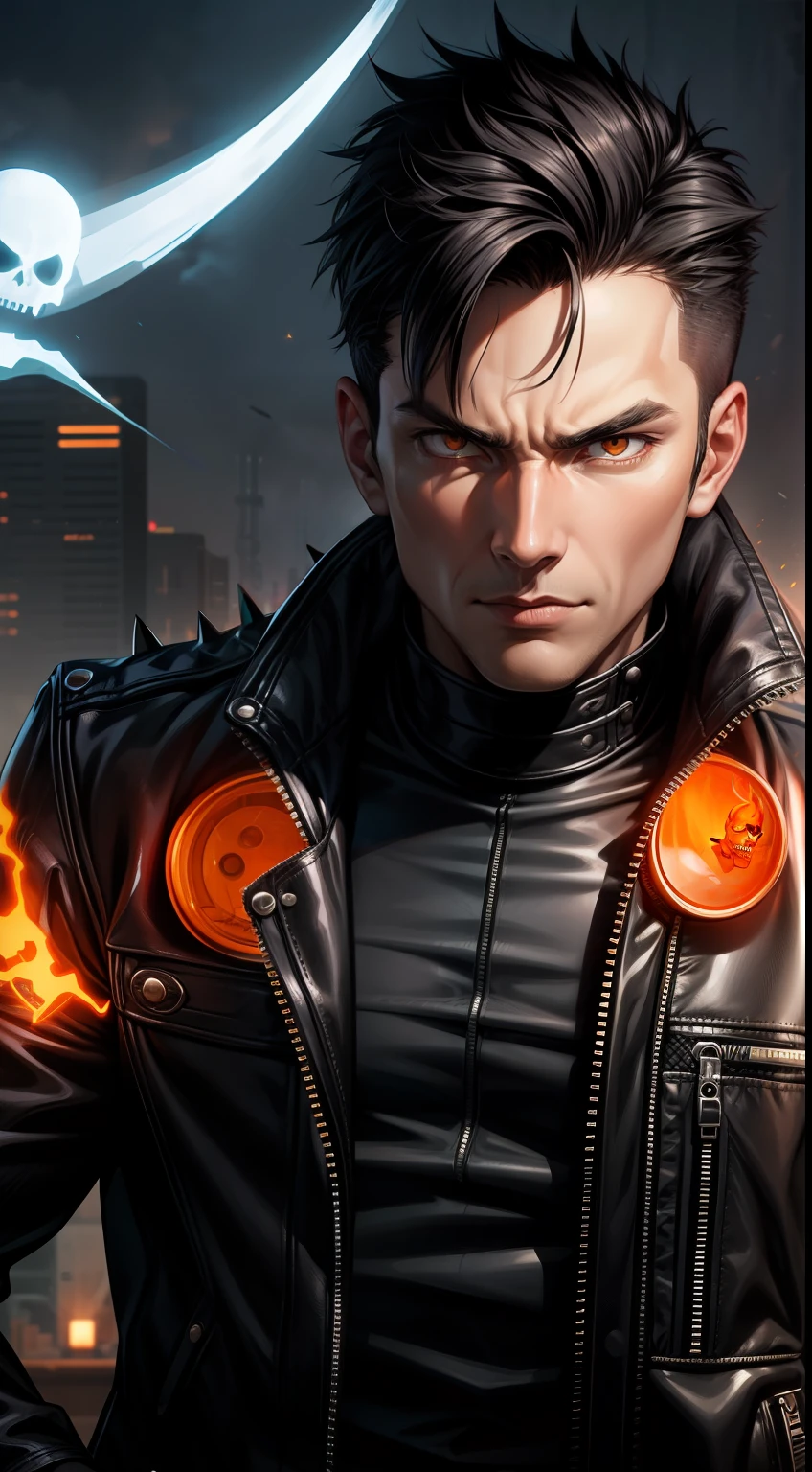 Grown-up guy, short black hair, Orange Eyes, leather jacket with spikes, circuits, Ghost Rider, Masterpiece, hiquality