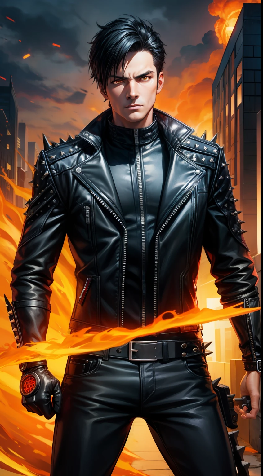 Grown-up guy, short black hair, Orange Eyes, leather jacket with spikes, circuits, Ghost Rider, Masterpiece, hiquality