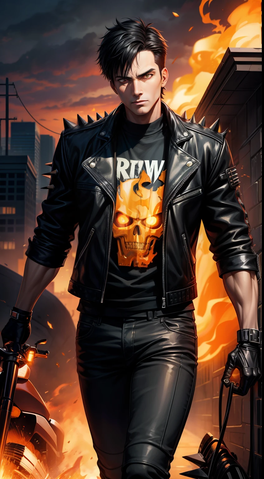 Grown-up guy, short black hair, Orange Eyes, leather jacket with spikes, circuits, Ghost Rider, Masterpiece, hiquality