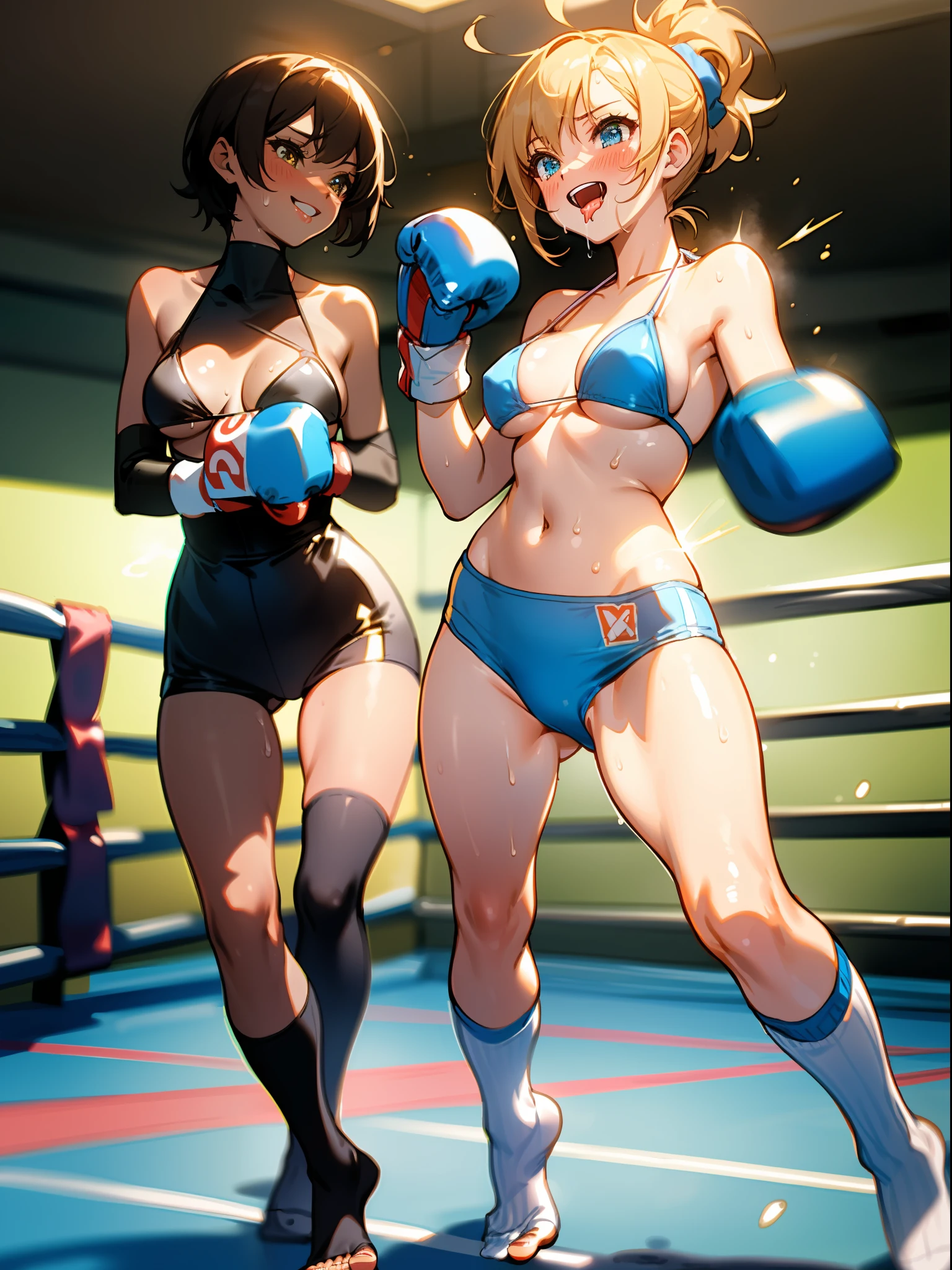 Blue Micro Bikini,Bright golden shorthair,((dark-brown skin)),Female Boxers,((Blue Boxing Gloves)),((Blue knee-high socks without toe)),Ecstatic smile,Sweat and saliva all over the body,((One lady)),A corner of a boxing gym,fullbody image,I'm not wearing shoes,A girl is punching me in the abdomen,((Two Women)),Boxing rings without spectators,Blue Knee High Socks